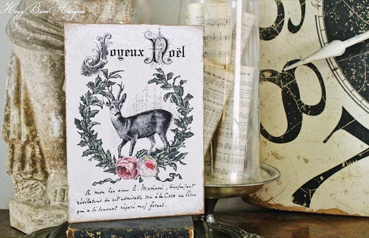 JOYEUX NOEL Deer Sign Vintage Christmas Decor Laurel Wreath Roses Reindeer Wood Sign Farmhouse Christmas Decor Christmas Book Page Art