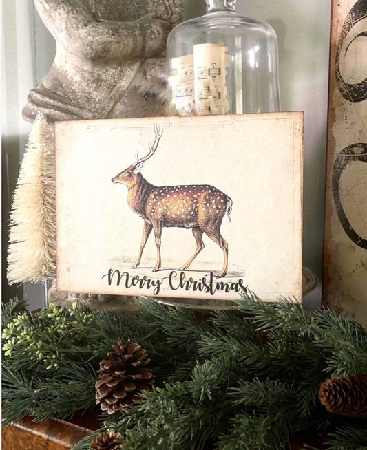 MERRY CHRISTMAS DEER Sign Vintage Christmas Decor Deer Fawn Stag Buck Reindeer Wood Sign Farmhouse Christmas Decor Book Page Art Primitive