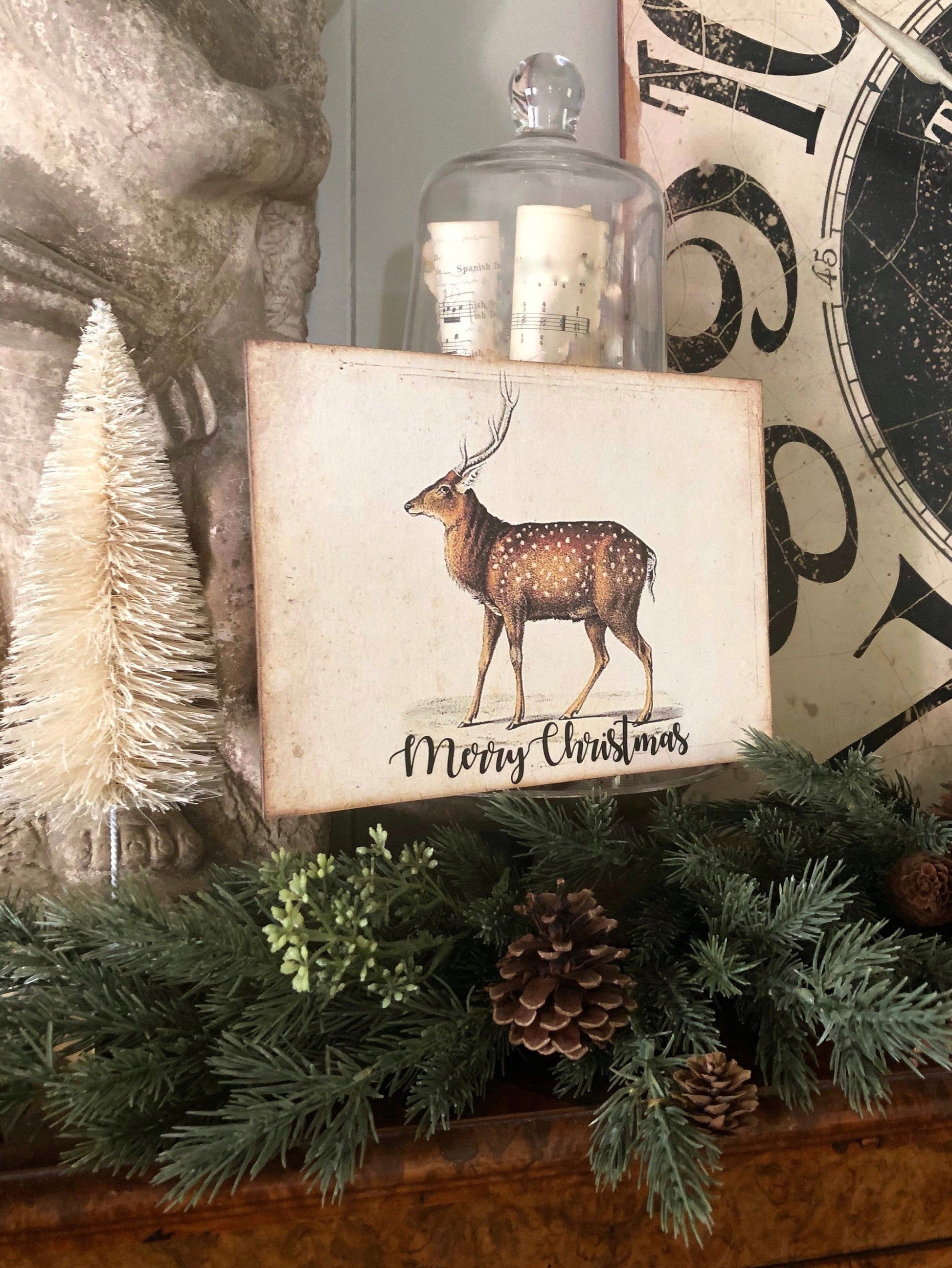 MERRY CHRISTMAS DEER Sign Vintage Christmas Decor Deer Fawn Stag Buck Reindeer Wood Sign Farmhouse Christmas Decor Book Page Art Primitive