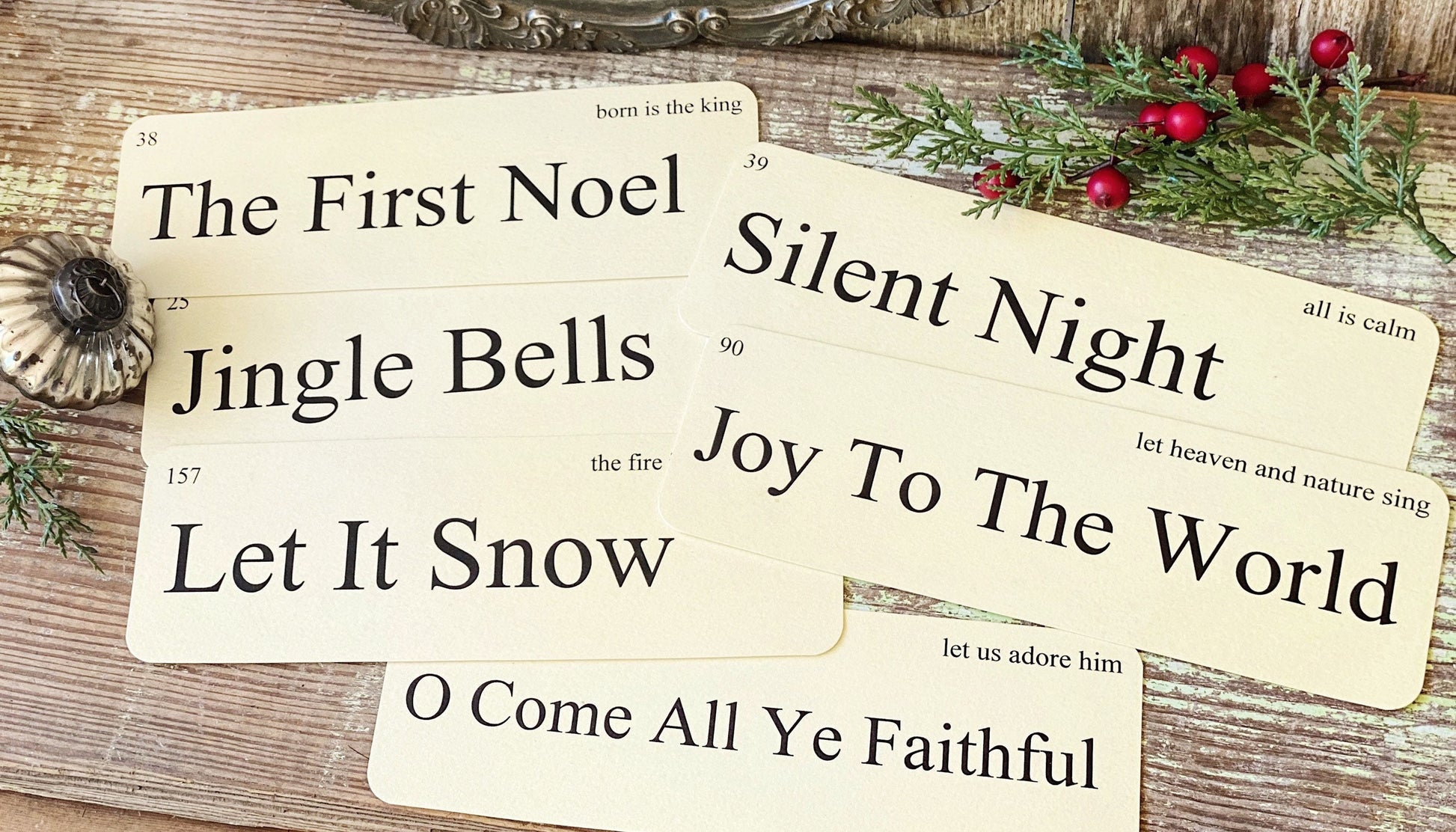 CHRISTMAS CAROLS Flash Cards LARGE Vintage Inspired Word Flashcard Set Of 8 Farmhouse Decor Holiday Primitive Christmas