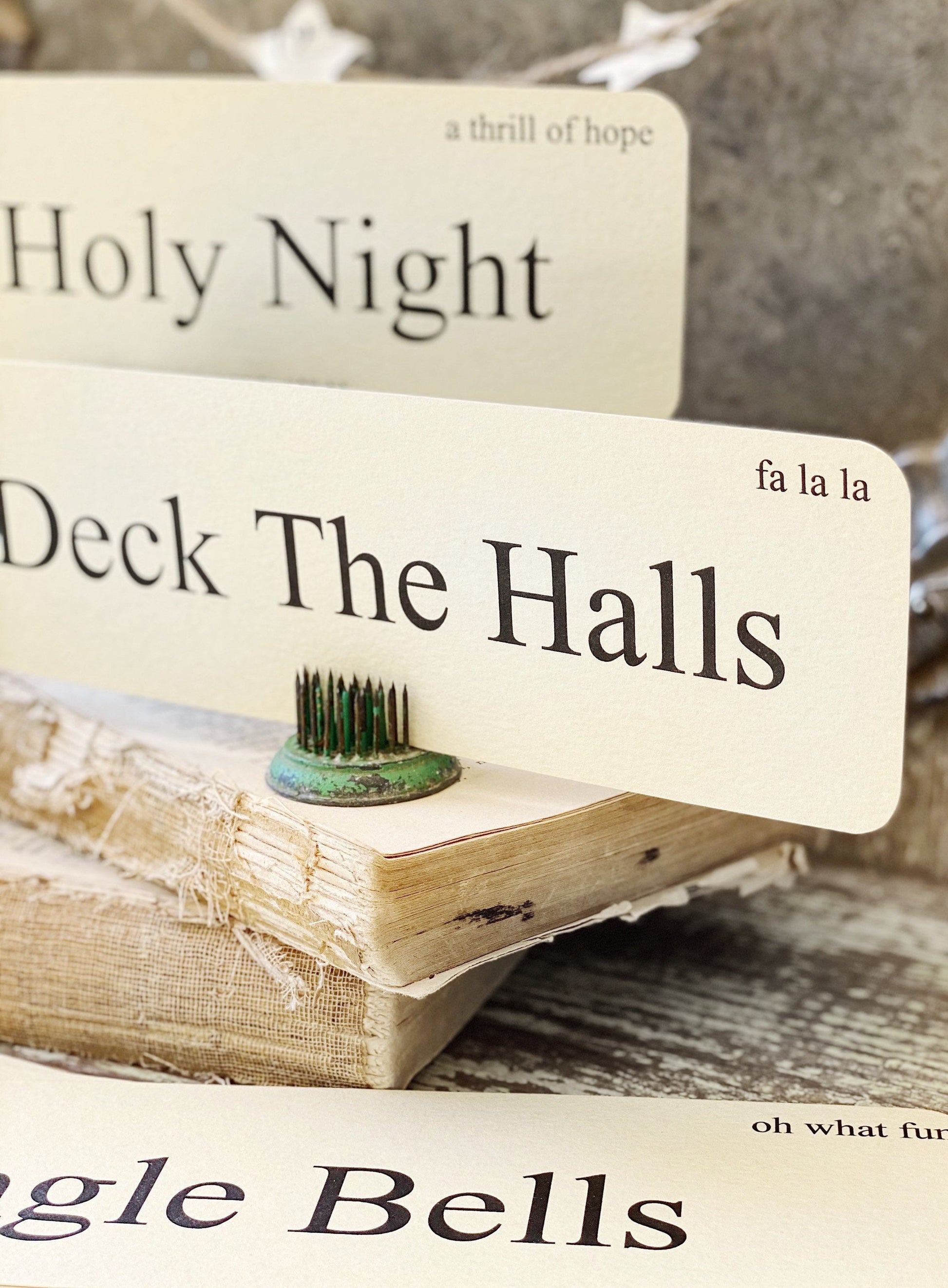 CHRISTMAS CAROLS Flash Cards LARGE Vintage Inspired Word Flashcard Set Of 8 Farmhouse Decor Holiday Primitive Christmas