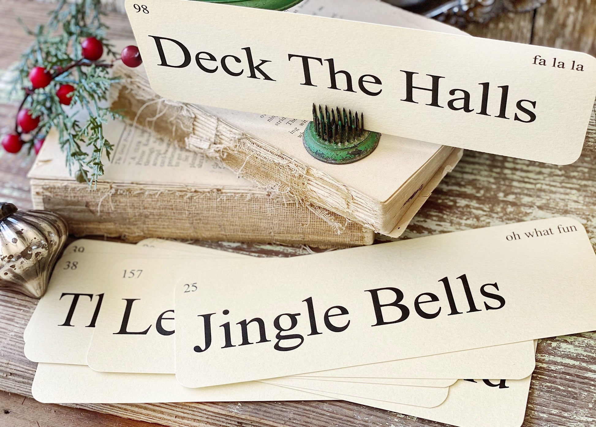 CHRISTMAS CAROLS Flash Cards LARGE Vintage Inspired Word Flashcard Set Of 8 Farmhouse Decor Holiday Primitive Christmas