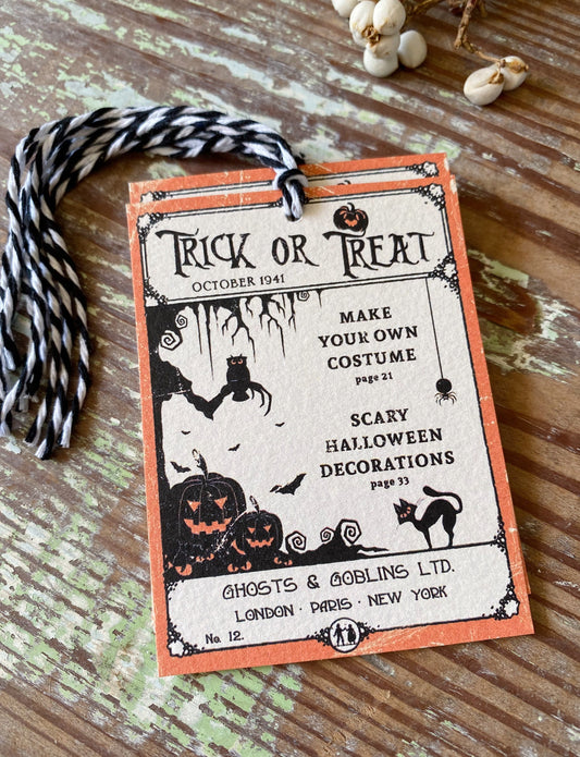 HALLOWEEN Trick or Treat COSTUME Retro Gift Tags Vintage Orange Farmhouse Decor Grungy Party Favor Vintage Halloween Card Fall