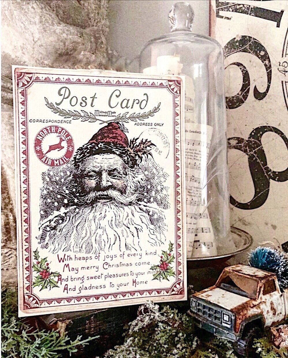 Vintage Santa Christmas Wood Sign Red Farmhouse Christmas Decor Vintage Advertising Post Card Sign Wall Art Print St Nick