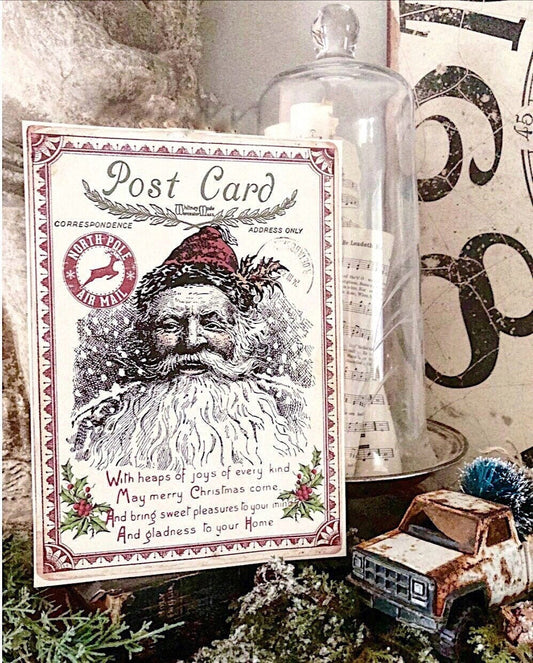 Vintage Santa Christmas Wood Sign Red Farmhouse Christmas Decor Vintage Advertising Post Card Sign Wall Art Print St Nick
