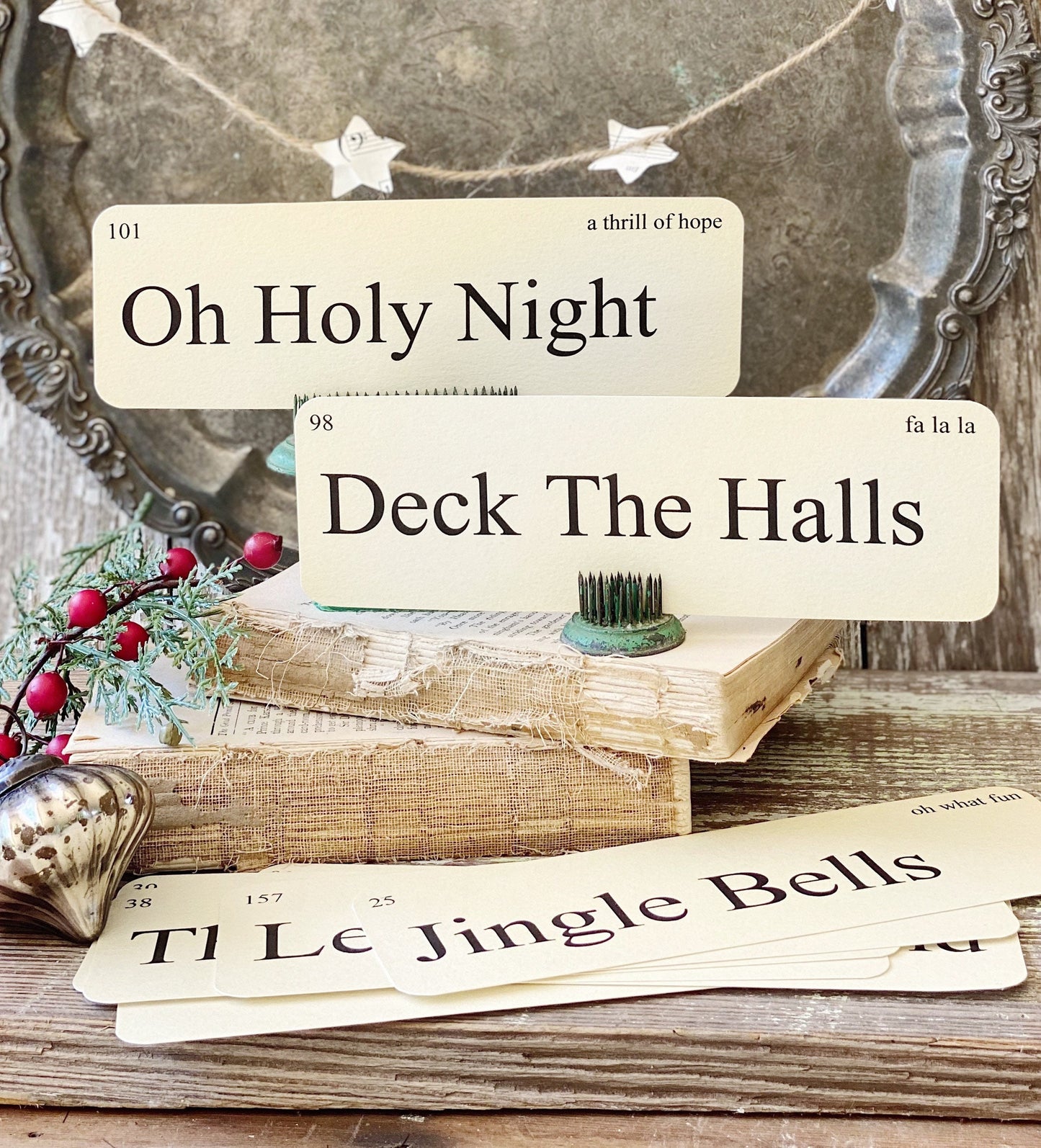 CHRISTMAS CAROLS Flash Cards LARGE Vintage Inspired Word Flashcard Set Of 8 Farmhouse Decor Holiday Primitive Christmas