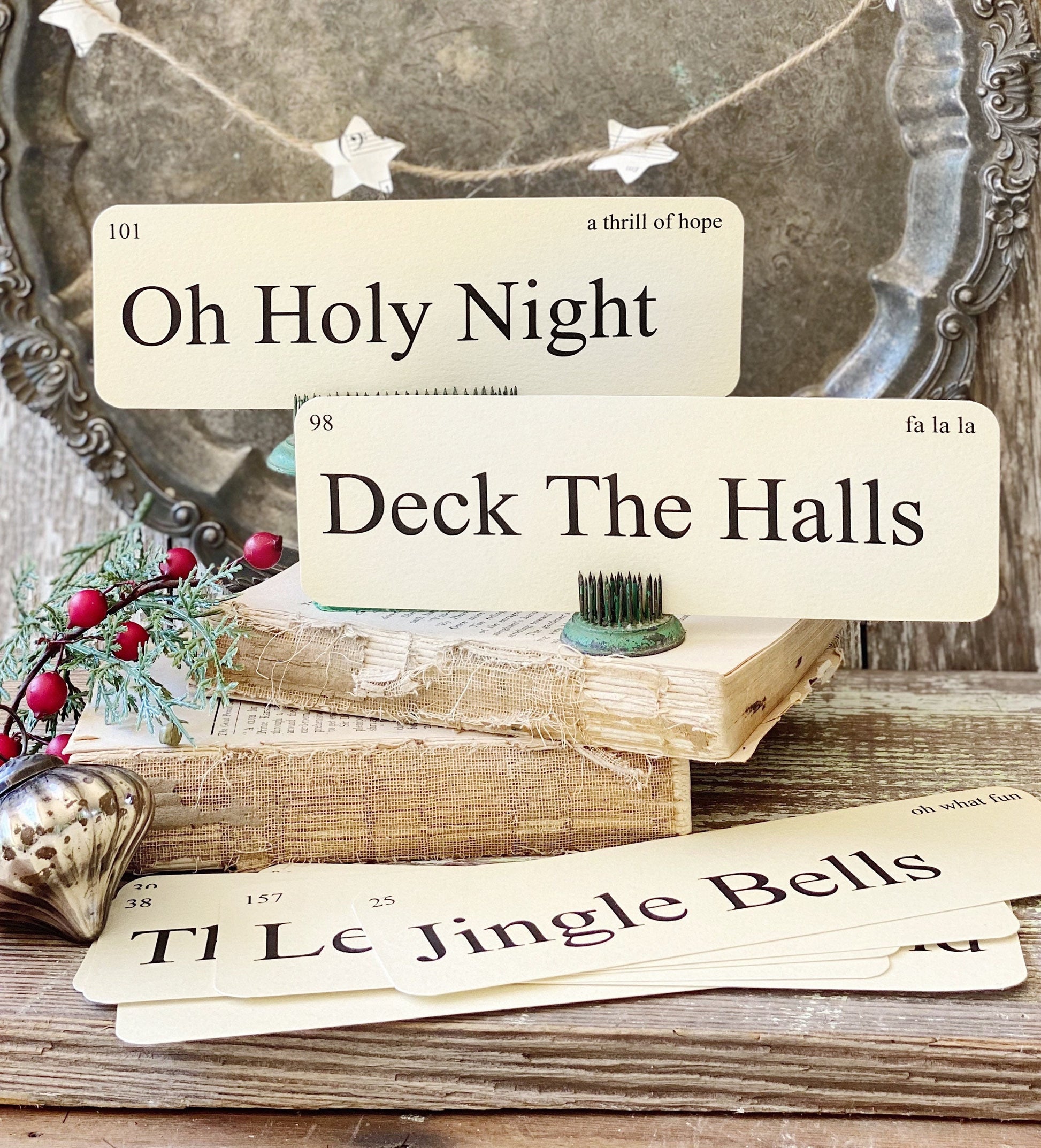 CHRISTMAS CAROLS Flash Cards LARGE Vintage Inspired Word Flashcard Set Of 8 Farmhouse Decor Holiday Primitive Christmas