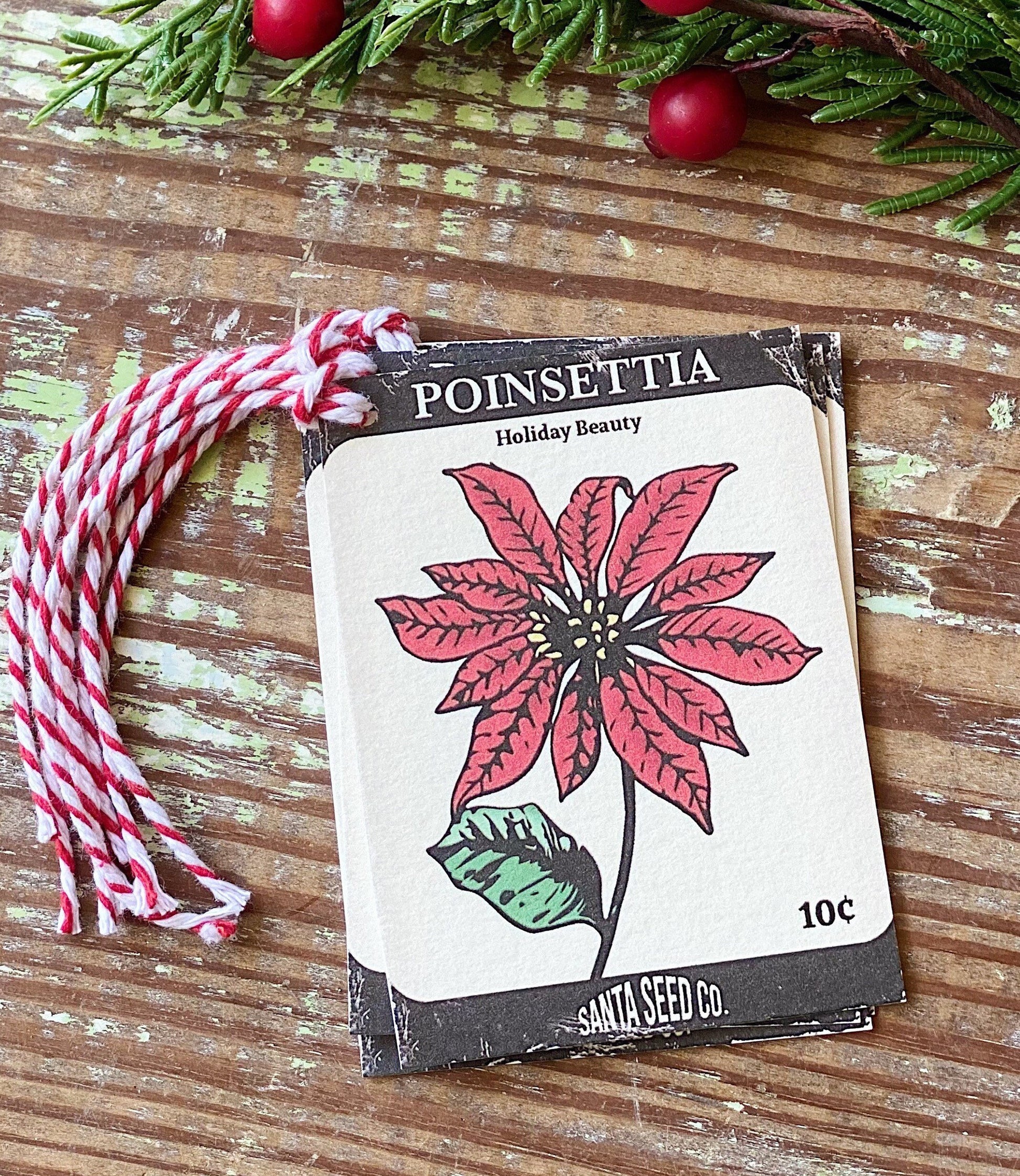 Christmas Gift Tags Vintage POINSETTIA SEED PACKET Red Farmhouse Decor Gift Wrap