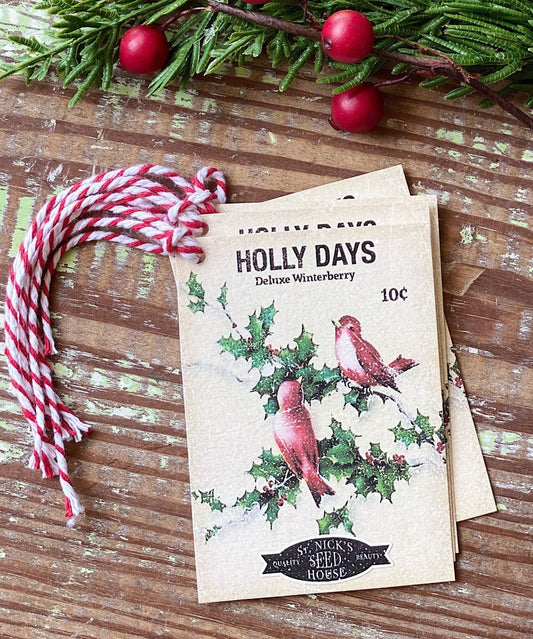 Christmas Gift Tags Vintage HOLLY DAYS Red Bird Seed Packet Red Green Farmhouse Decor Gift Wrap