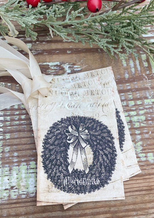 Christmas Vintage Gift Tags WREATH GREEN Farmhouse Christmas Decor Card French Shabby Gift Wrap