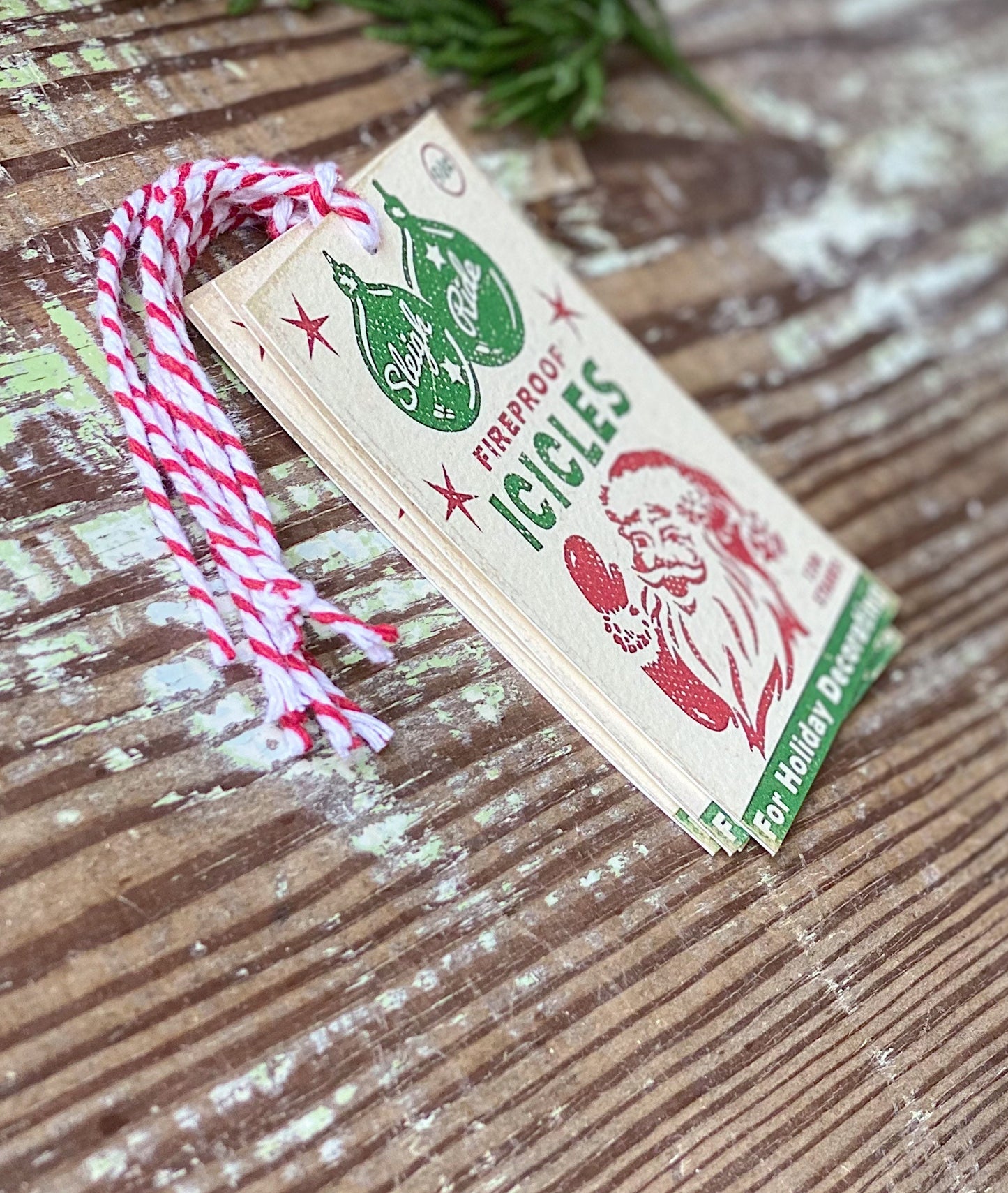 Christmas Gift Tags Vintage SANTA ICICLES Red Green Farmhouse Decor Gift Wrap