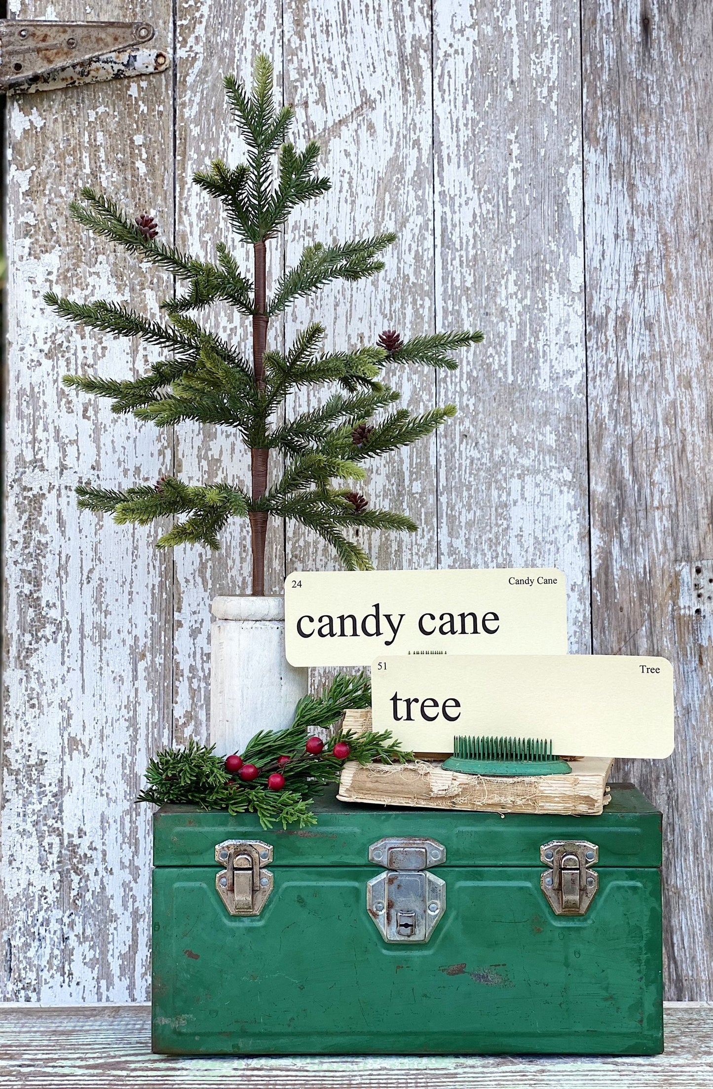 CHRISTMAS WORDS Flash Cards LARGE Vintage Inspired Word Flashcard Set Of 8 Farmhouse Decor Holiday Primitive Candy Cane Tree Ornament