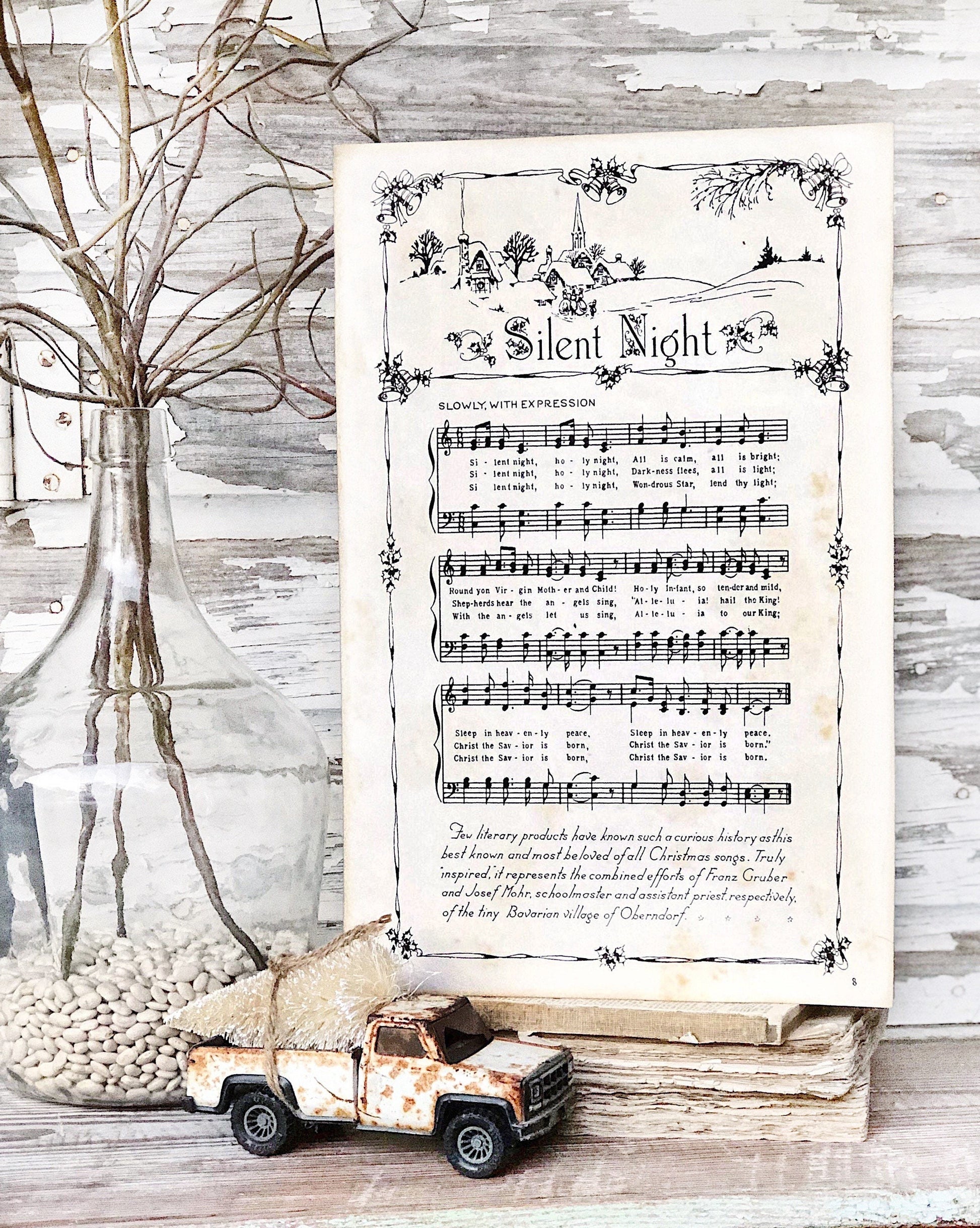 SILENT NIGHT Sign Wood Vintage Sheet Music Carol Christmas Decor Poster Farmhouse Decor Book Page Wall Art