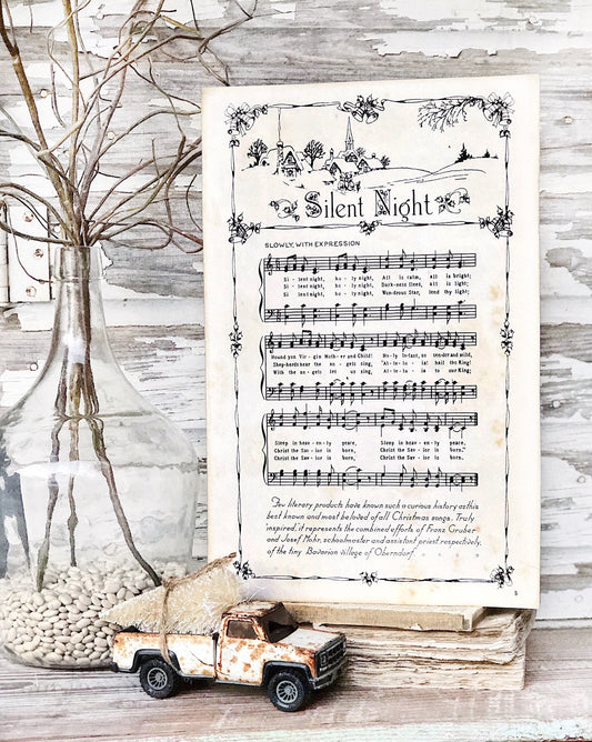 SILENT NIGHT Sign Wood Vintage Sheet Music Carol Christmas Decor Poster Farmhouse Decor Book Page Wall Art