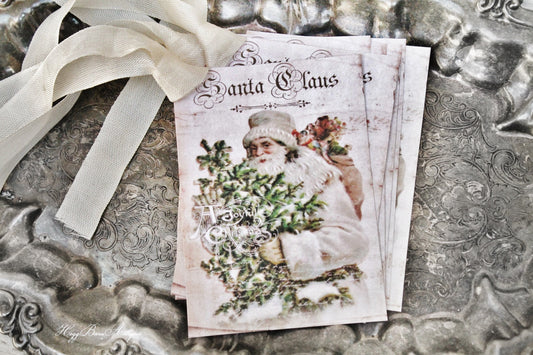 Christmas Gift Tags Vintage SANTA CLAUS with Tree Farmhouse Christmas Decor Christmas Card French Shabby Gift Wrap
