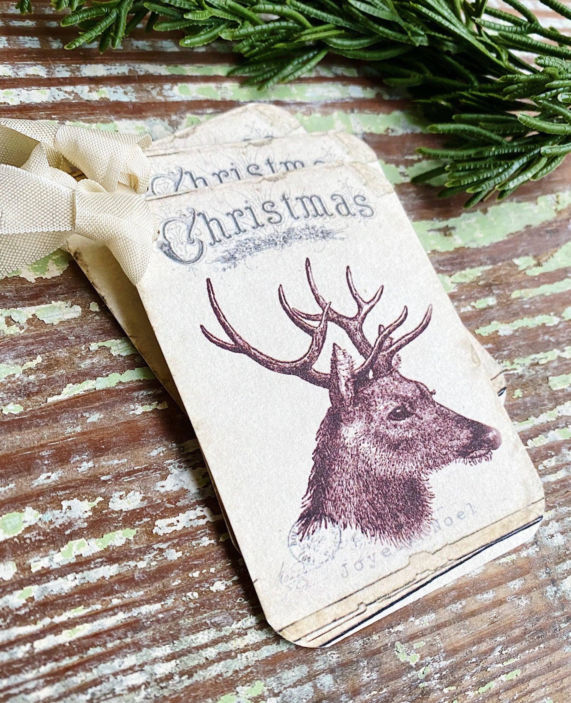 Christmas Vintage Deer Gift Tags REINDEER Farmhouse Christmas Decor Card French Shabby Gift Wrap