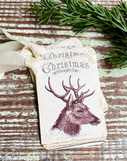 Christmas Vintage Deer Gift Tags REINDEER Farmhouse Christmas Decor Card French Shabby Gift Wrap
