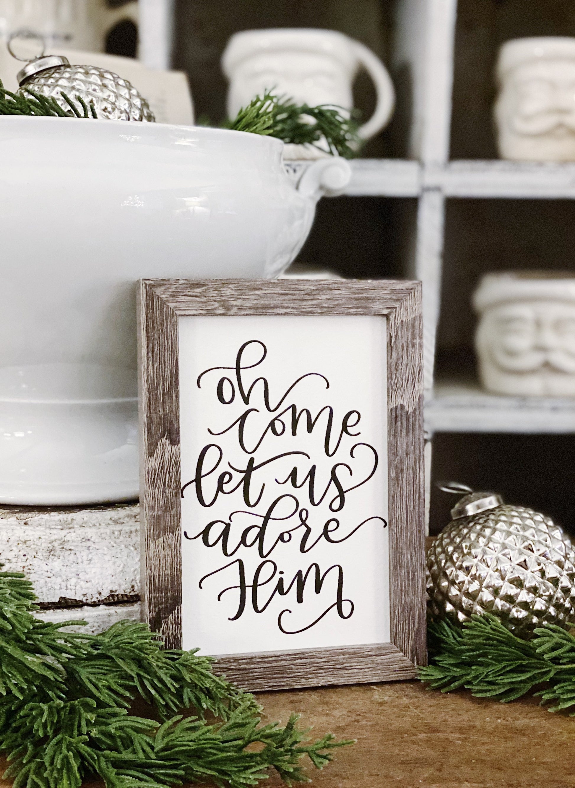 Vintage Christmas Frame Oh Come Let Us Adore Him Framed Sign Farmhouse Christmas Decor Barn Wood Rustic Oh Come All Ye Faithful Sign