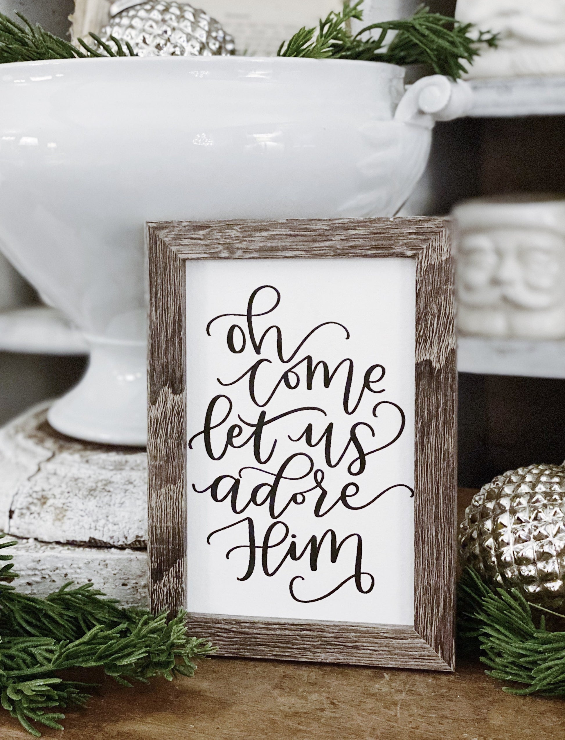Vintage Christmas Frame Oh Come Let Us Adore Him Framed Sign Farmhouse Christmas Decor Barn Wood Rustic Oh Come All Ye Faithful Sign