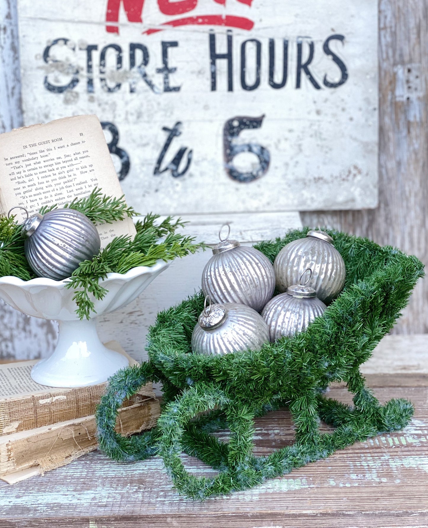 Vintage Garland SLEIGH GREEN Farmhouse Christmas Primitive Decoration LARGE Santa Sled