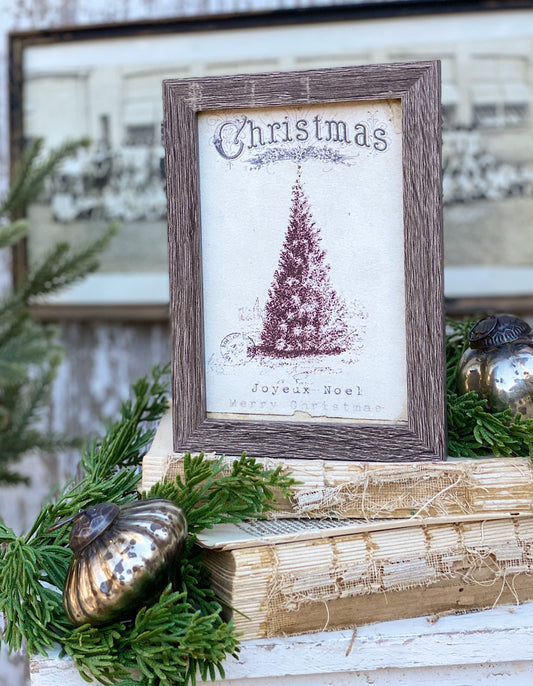 Vintage Christmas Sign PINE TREE Frame Farmhouse Winter Decor Barn Wood Rustic Primitive Framed Sign Botanical Illustration Burgundy Red