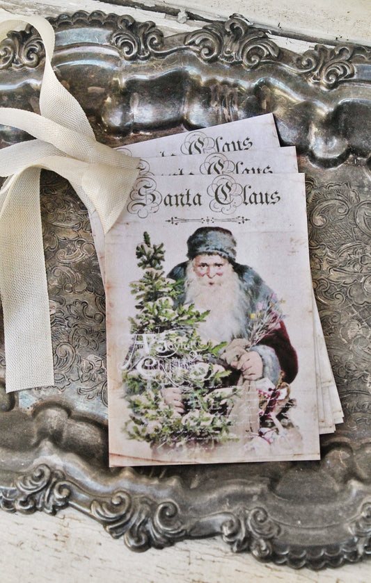 Christmas Gift Tags Vintage SANTA CLAUS with Tree Farmhouse Decor Christmas Card French Shabby Gift Wrap Primitive