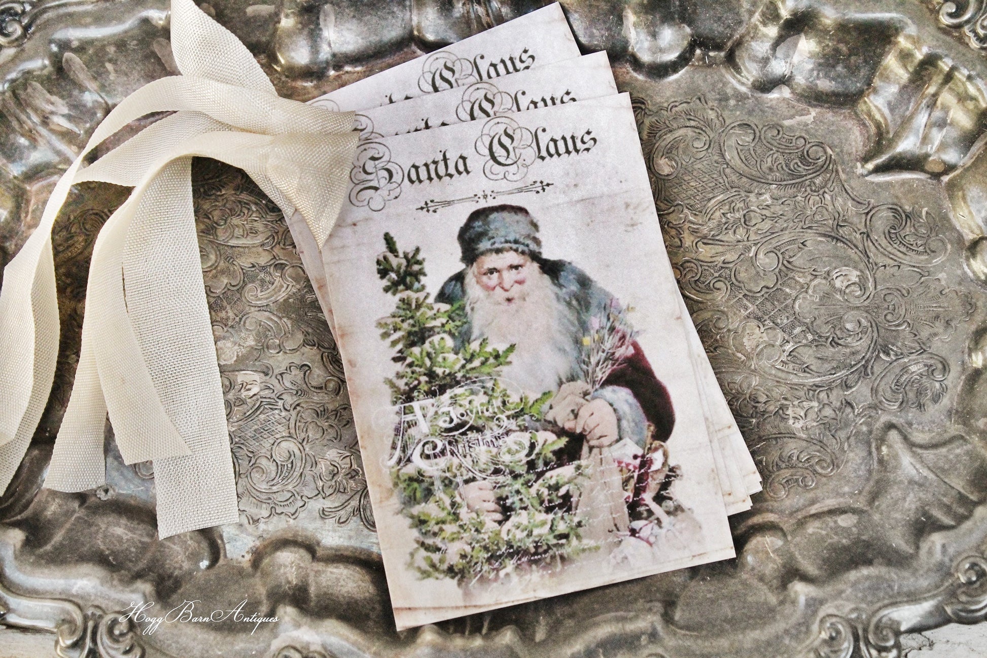 Christmas Gift Tags Vintage SANTA CLAUS with Tree Farmhouse Decor Christmas Card French Shabby Gift Wrap Primitive