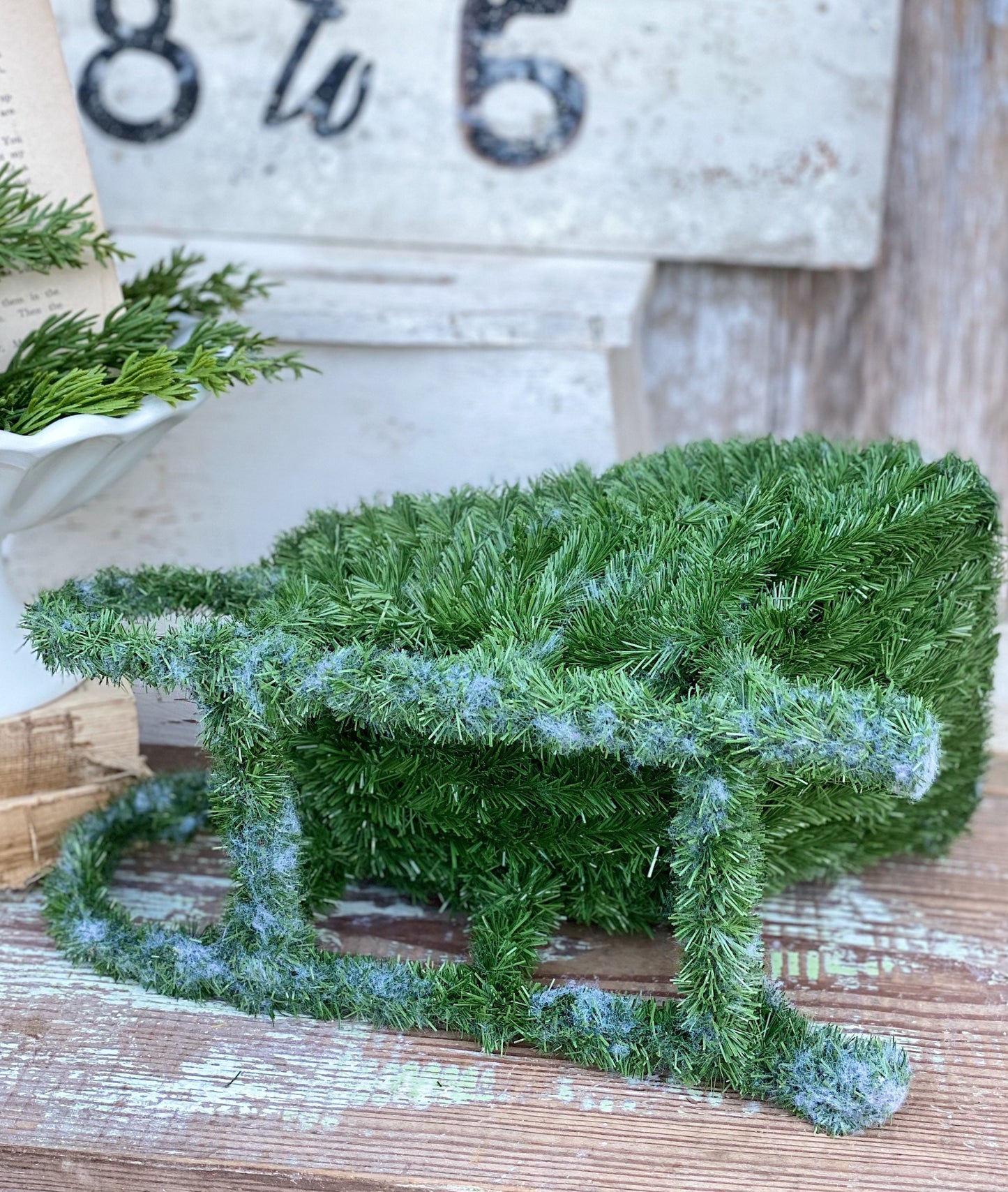 Vintage Garland SLEIGH GREEN Farmhouse Christmas Primitive Decoration LARGE Santa Sled