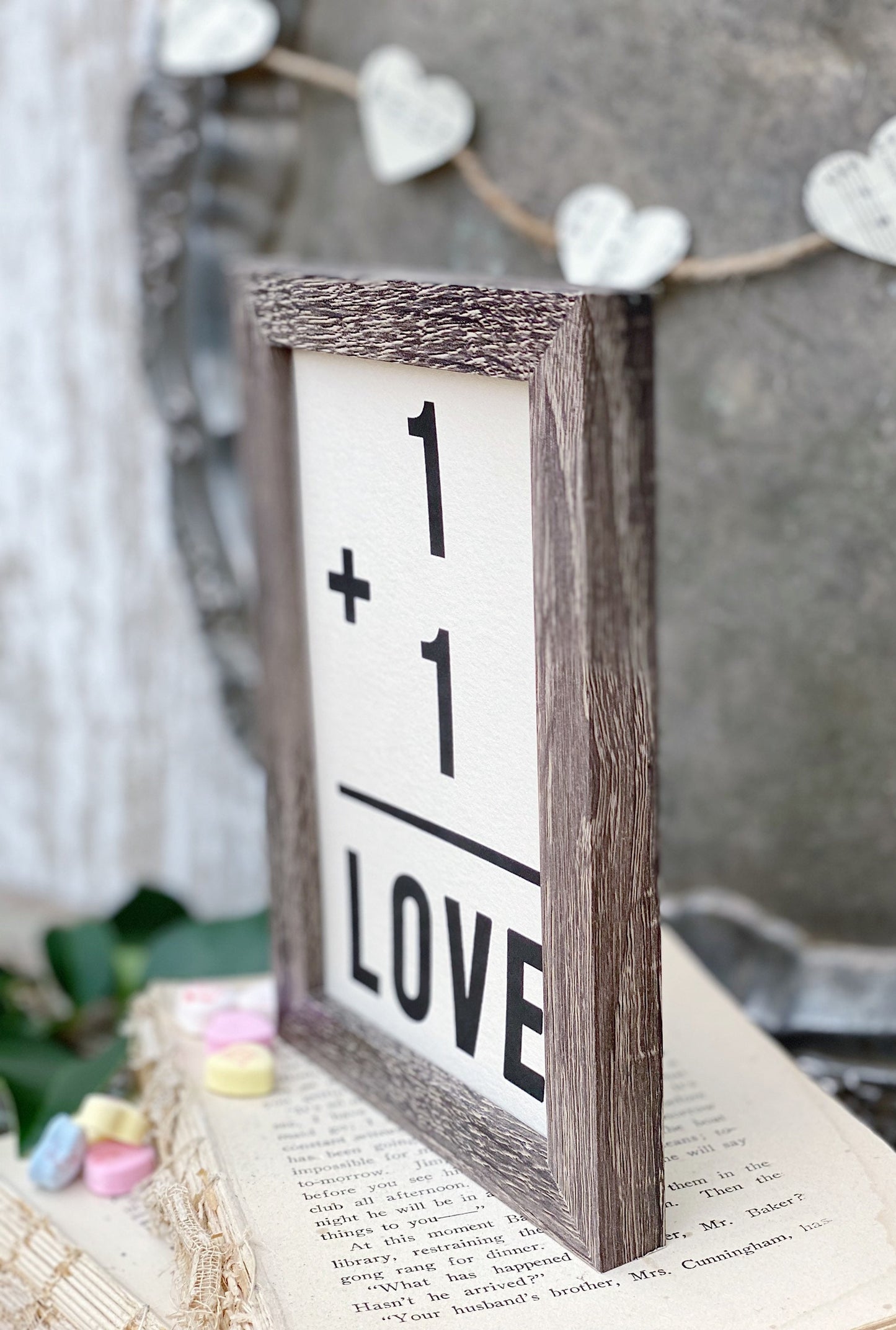 Valentine 1 + 1 LOVE Framed Sign Farmhouse Decor Barn Wood Rustic Vintage Wedding Soulmate Flash Card