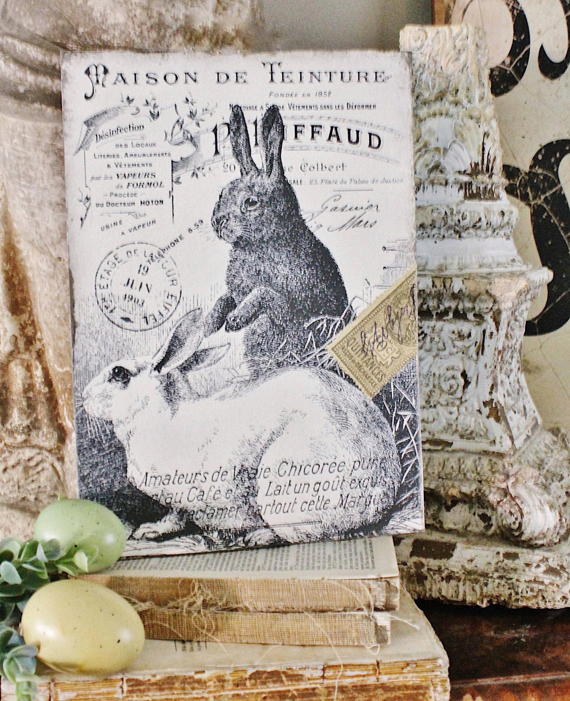 Vintage Easter RABBIT Sign Post Card Easter Wood Sign French Farmhouse Decor Book Page Wall Art Print Farmhouse Decor Couple