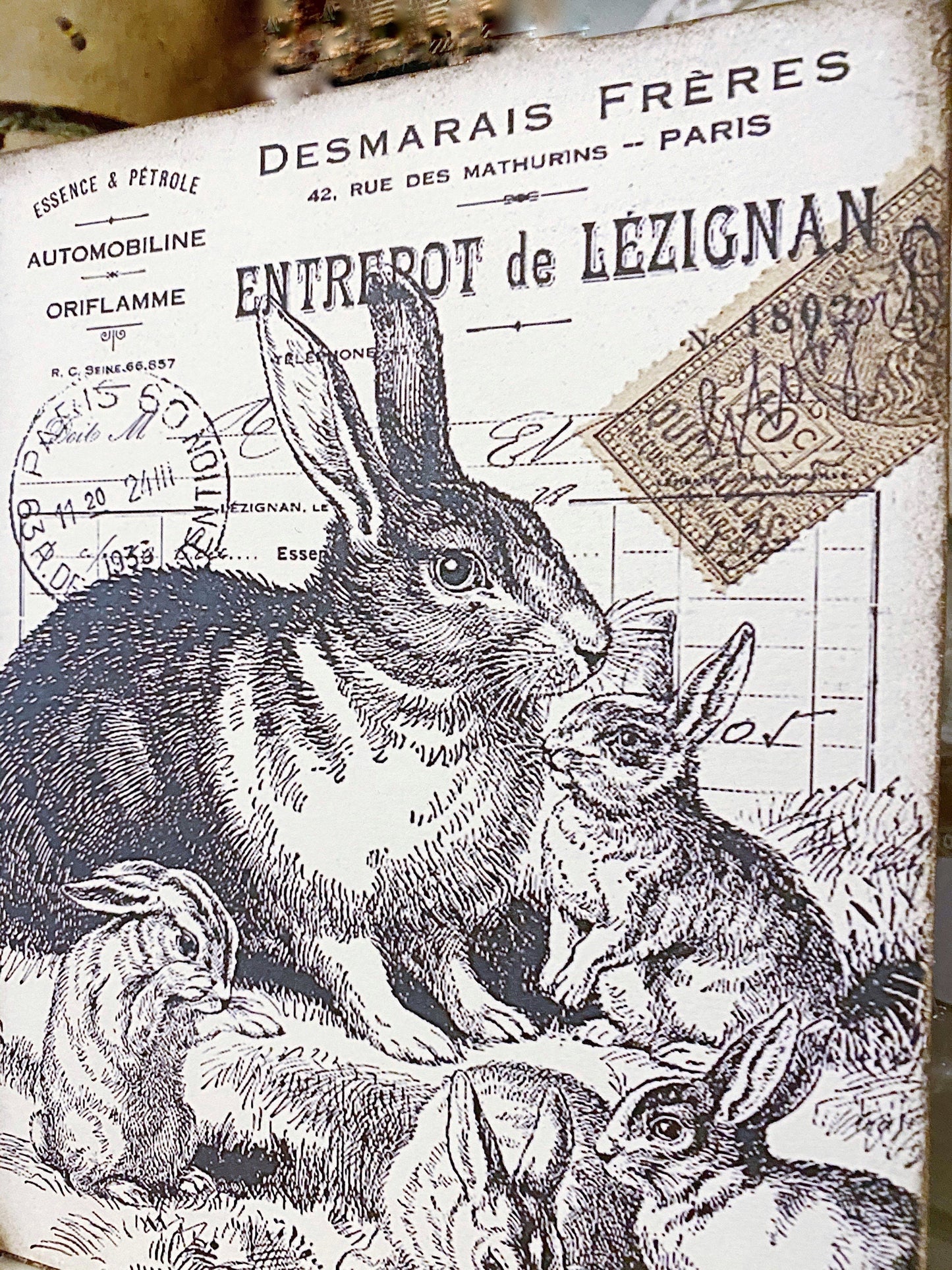 Vintage Easter Sign RABBIT FAMILY Post Card Wood Sign French Farmhouse Decor Book Page Wall Art Print Farmhouse Decor
