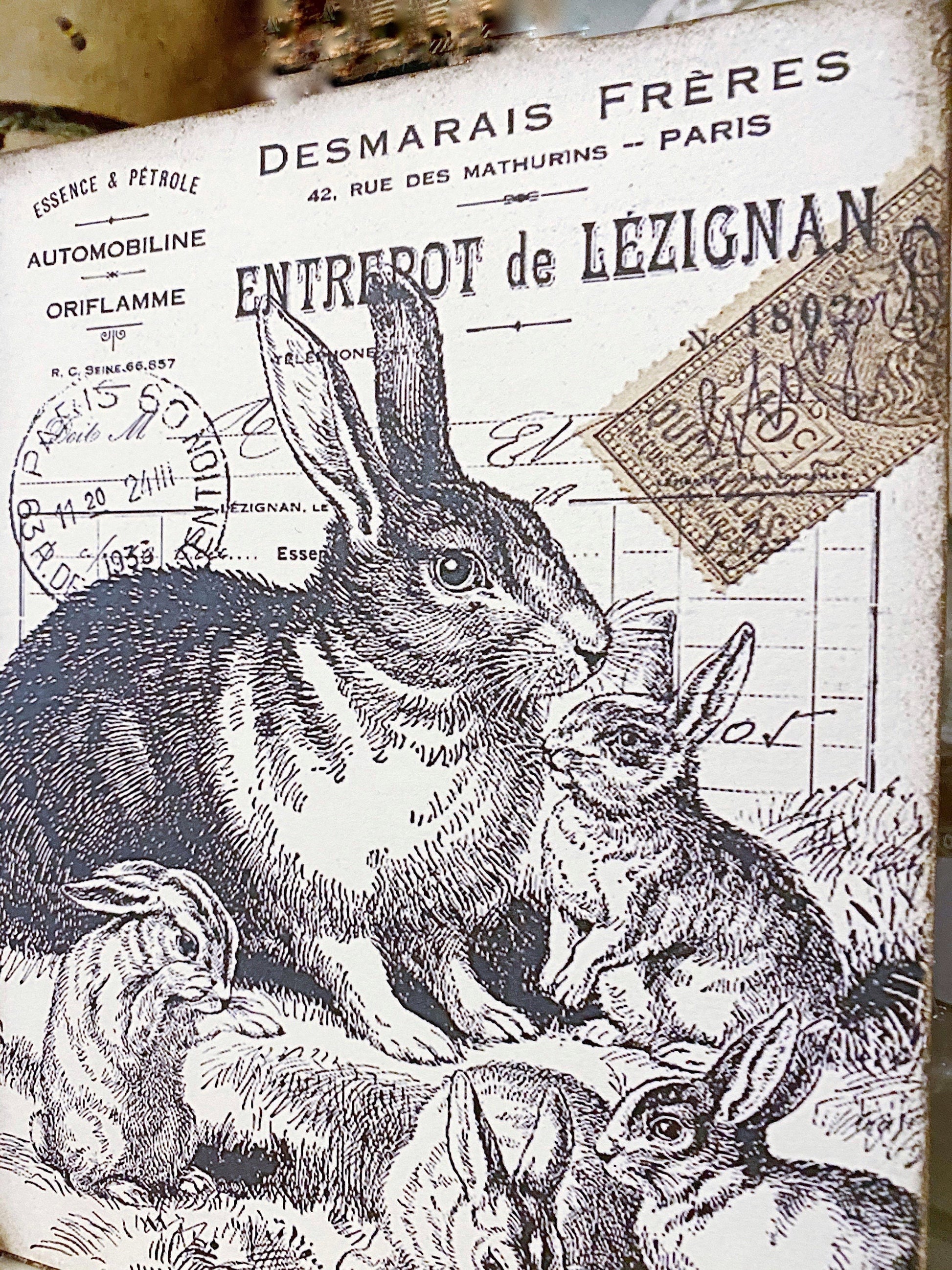 Vintage Easter Sign RABBIT FAMILY Post Card Wood Sign French Farmhouse Decor Book Page Wall Art Print Farmhouse Decor