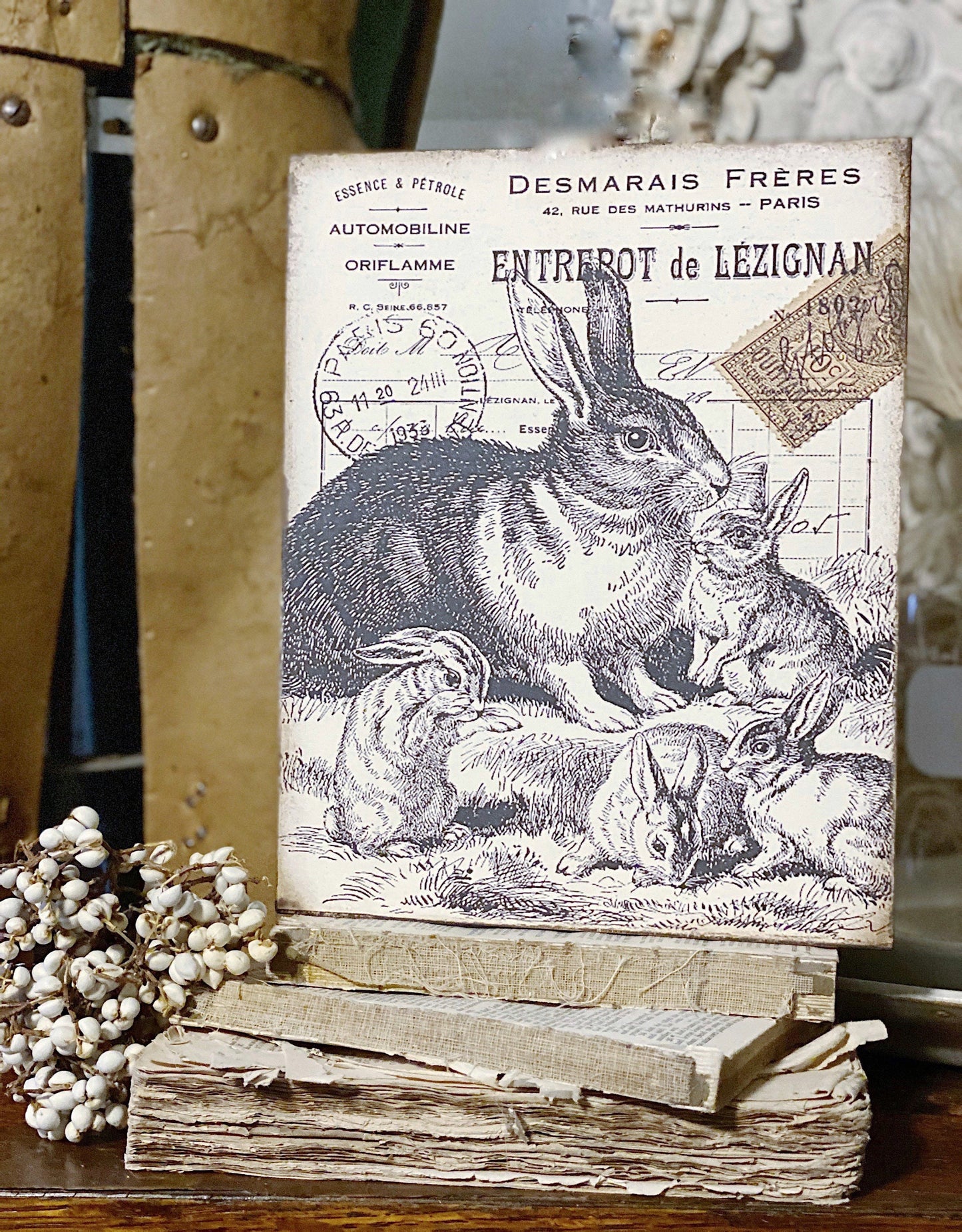 Vintage Easter Sign RABBIT FAMILY Post Card Wood Sign French Farmhouse Decor Book Page Wall Art Print Farmhouse Decor