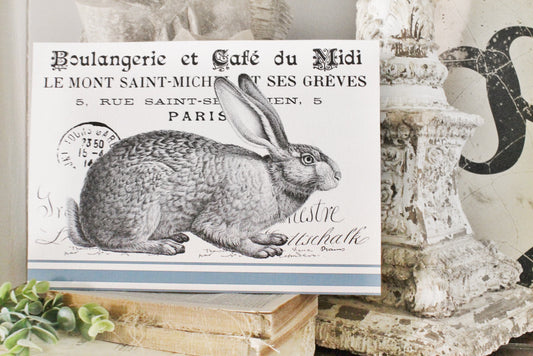 Vintage Easter RABBIT Sign Grain Sack Easter Wood Sign French Farmhouse Decor Book Page Wall Art Print Farmhouse Decor Robins Egg Blue