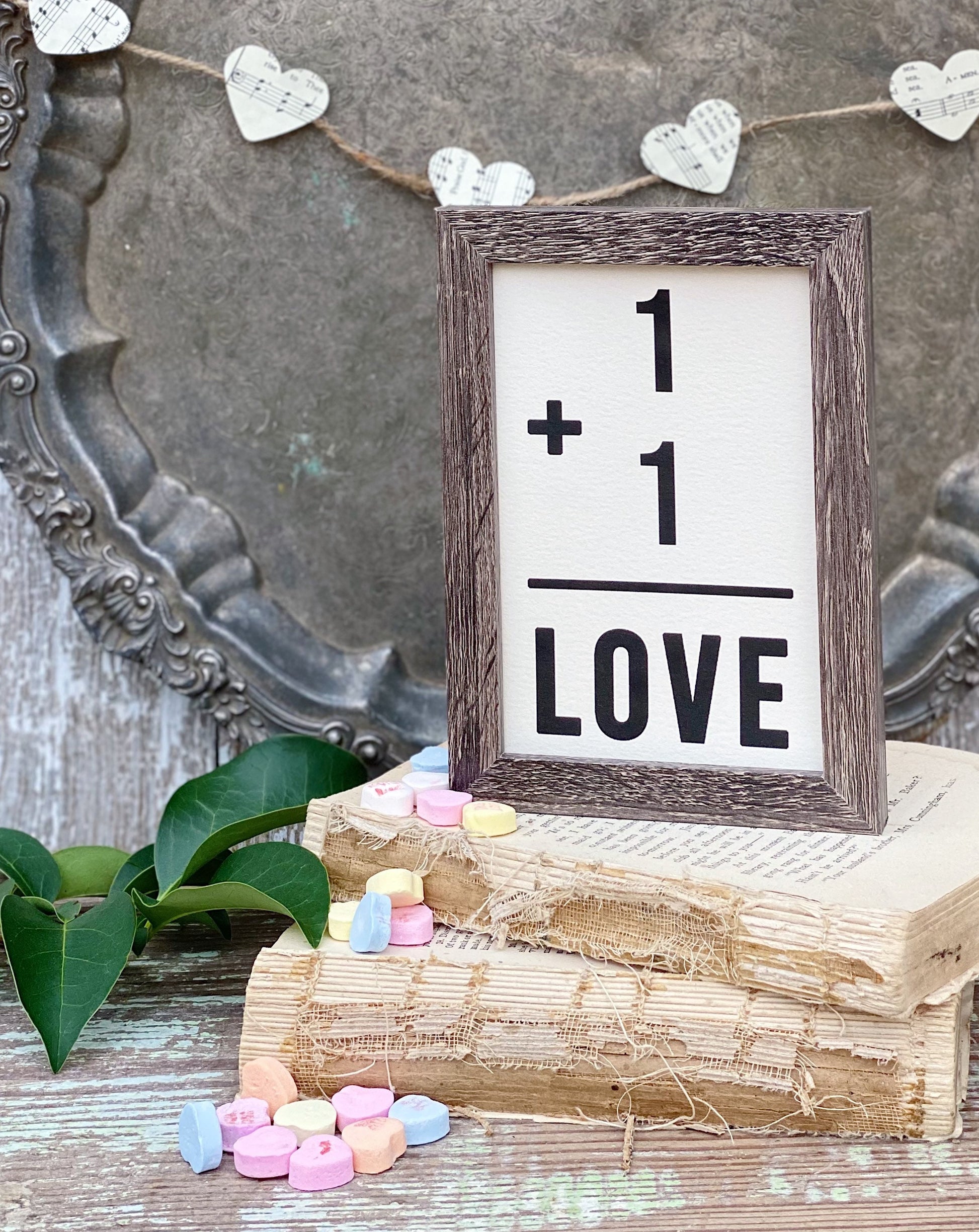Valentine 1 + 1 LOVE Framed Sign Farmhouse Decor Barn Wood Rustic Vintage Wedding Soulmate Flash Card