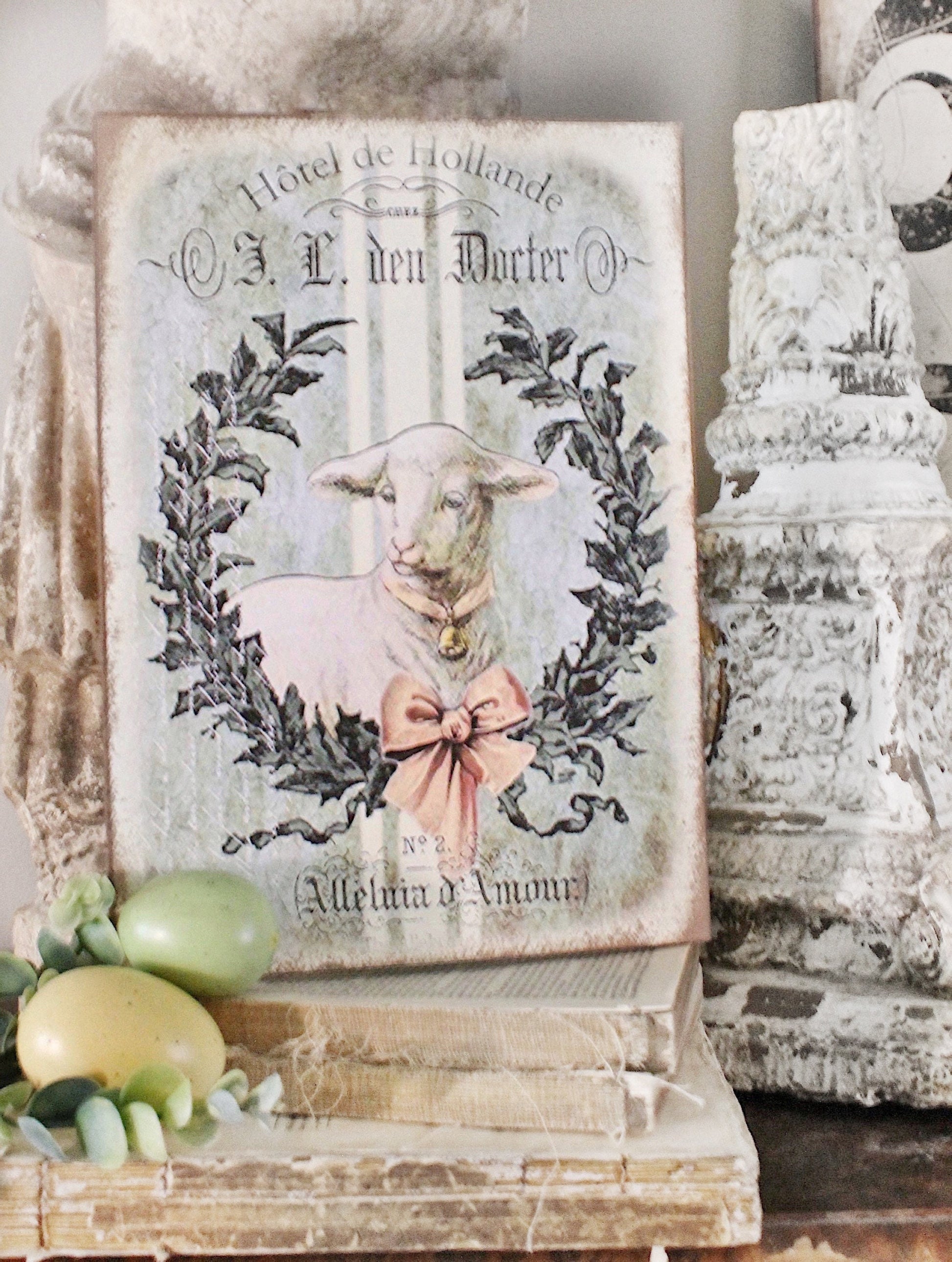 Vintage LAMB Sign Grain Sack Laurel Wreath Easter Wood Sign French Farmhouse Decor Book Page Wall Art Print Farmhouse Decor Sheep