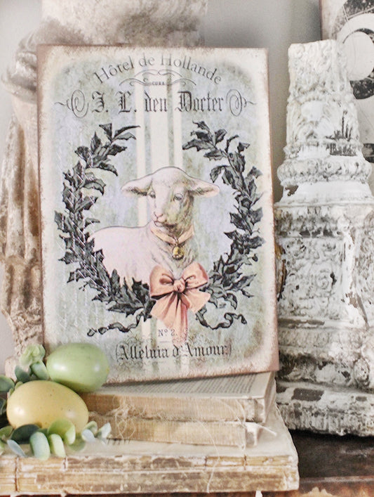 Vintage LAMB Sign Grain Sack Laurel Wreath Easter Wood Sign French Farmhouse Decor Book Page Wall Art Print Farmhouse Decor Sheep