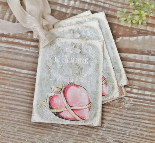 Valentine Vintage Gift Tags L Amore PINK Heart French Roses Farmhouse Decor Card Shabby
