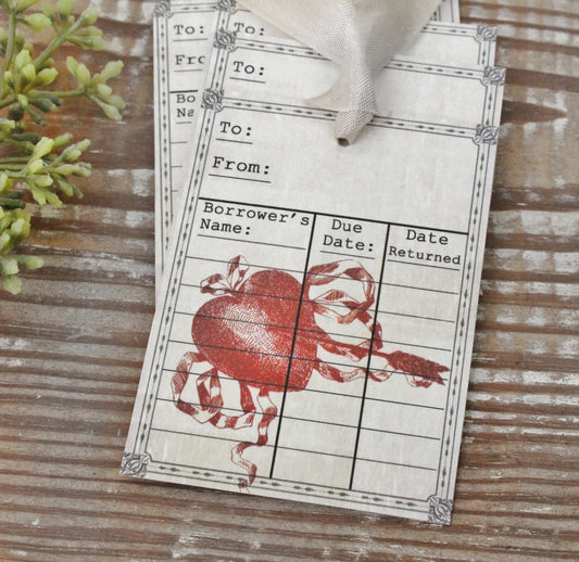 Valentine Vintage Gift Tags Library Card Red Heart Farmhouse Decor Card Shabby
