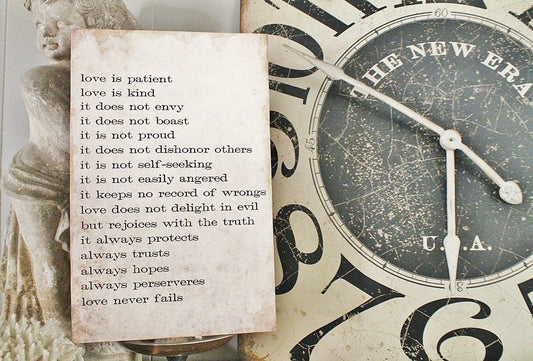LOVE NEVER FAILS Sign Wood Vintage Farmhouse Decor Large Poster Mounted Book Page Bible Verse Scripture Love is Patient Wedding Valentine