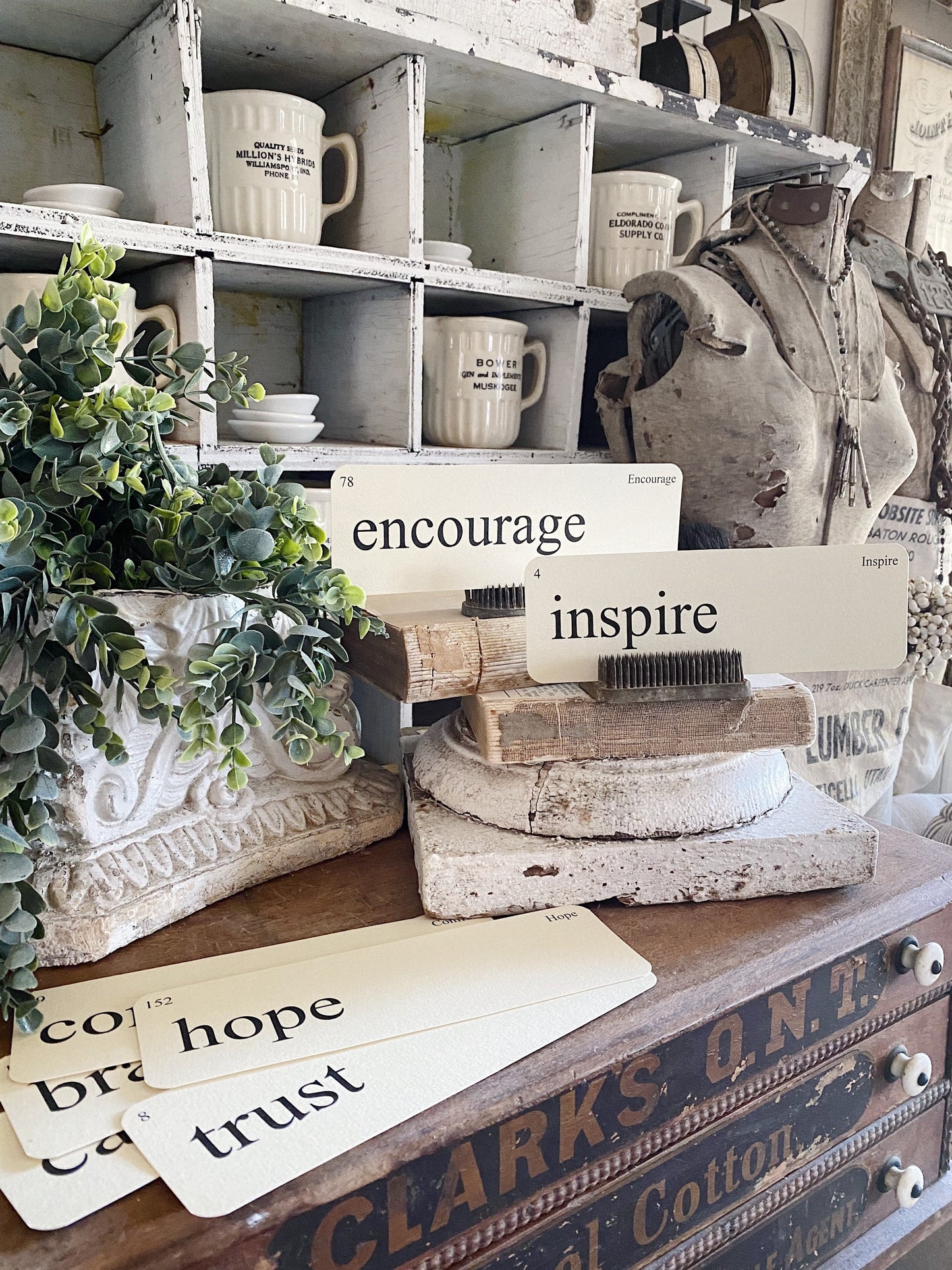 ENCOURAGEMENT Flash Cards LARGE Vintage Inspired Word Flashcard SET Of 8 Farmhouse Decor Party Favor Banner