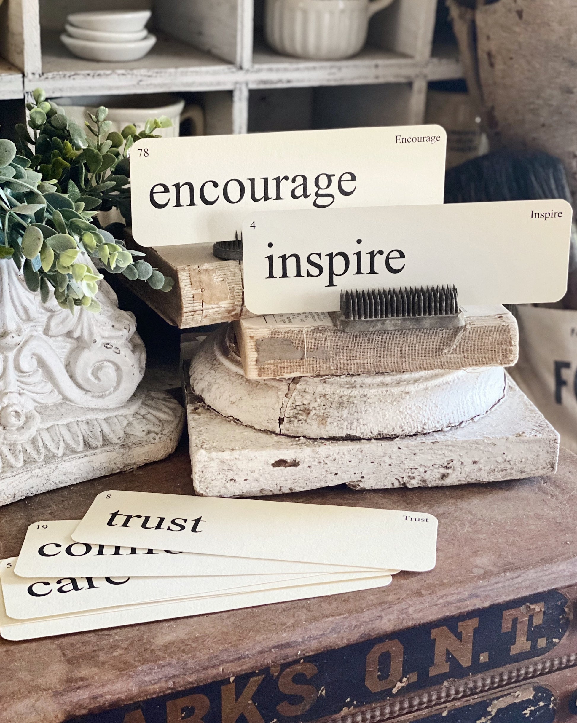ENCOURAGEMENT Flash Cards LARGE Vintage Inspired Word Flashcard SET Of 8 Farmhouse Decor Party Favor Banner