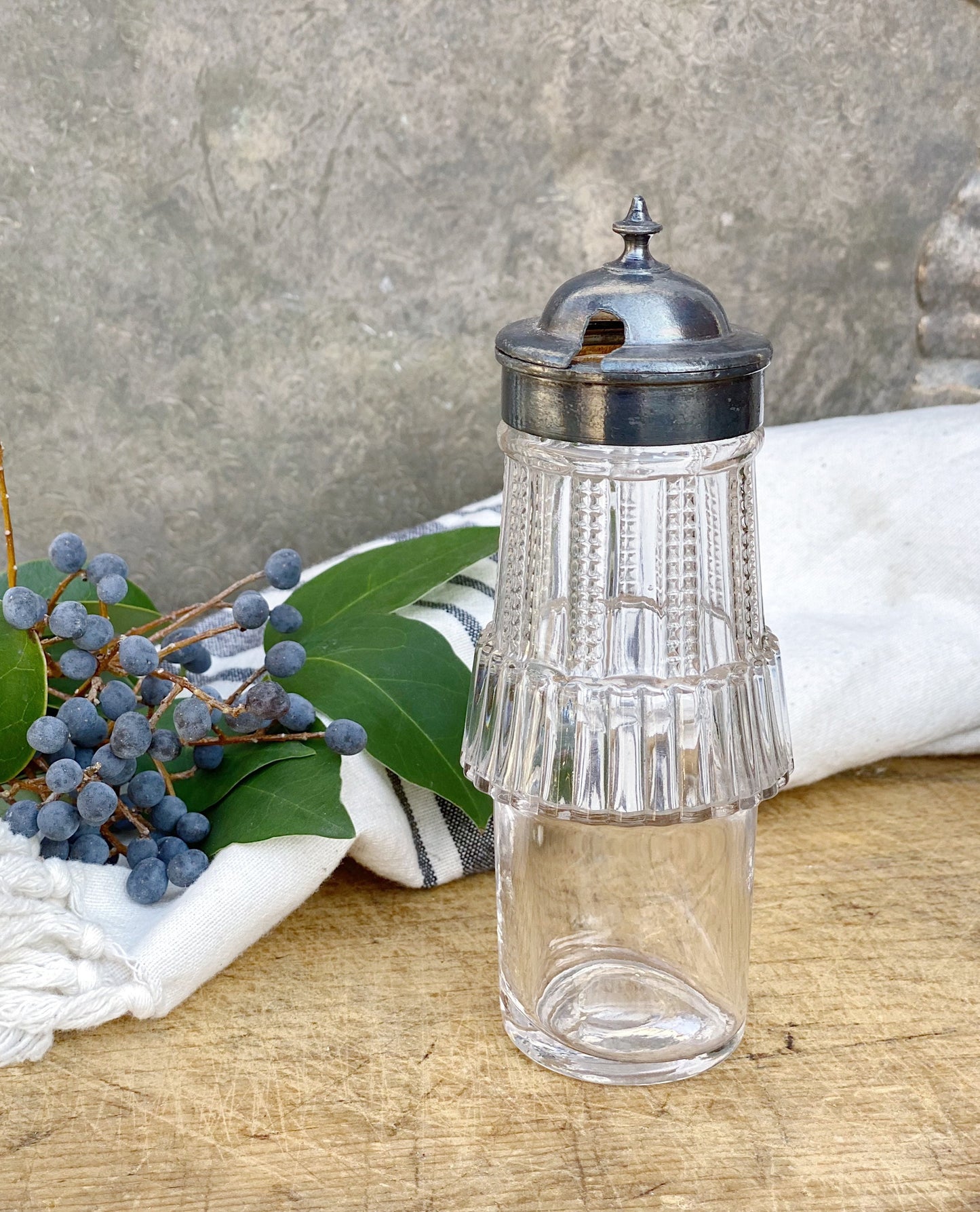 Antique Glass Cruet Bottle Etched Glass Silver Condiment Farmhouse Decor Primitive Cut Glass