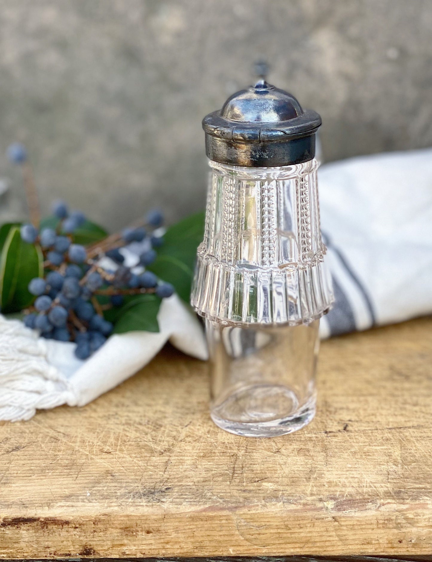Antique Glass Cruet Bottle Etched Glass Silver Condiment Farmhouse Decor Primitive Cut Glass