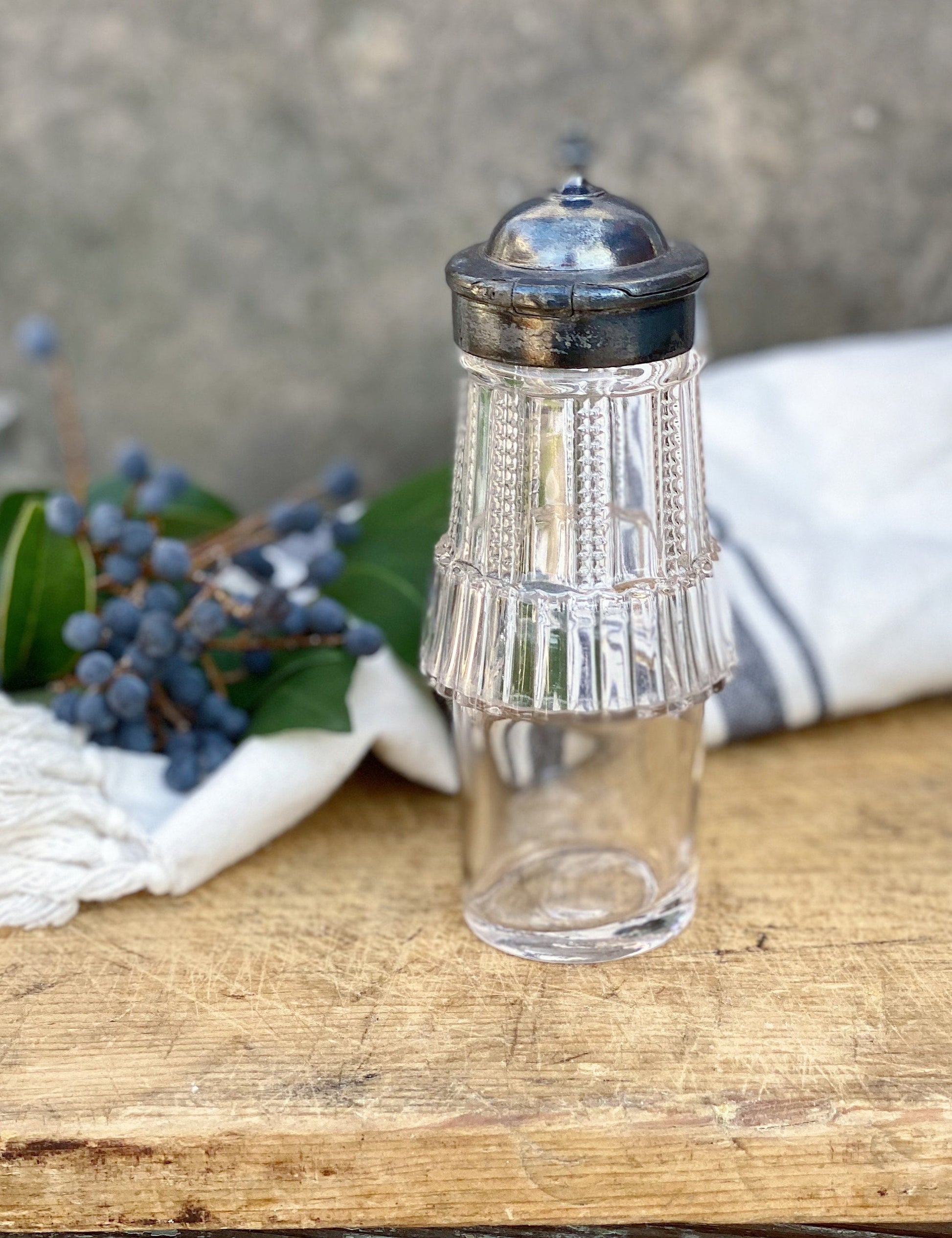 Antique Glass Cruet Bottle Etched Glass Silver Condiment Farmhouse Decor Primitive Cut Glass