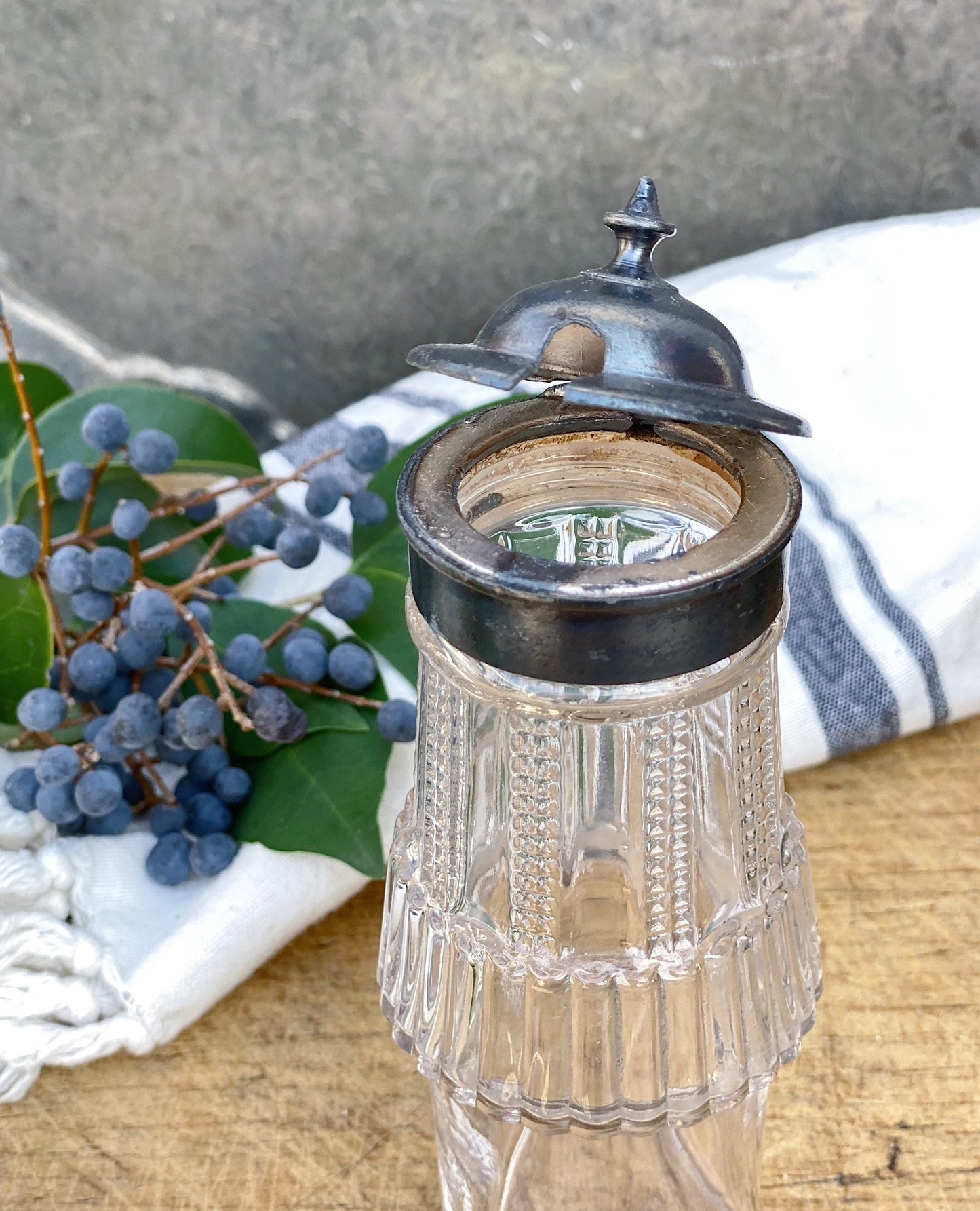 Antique Glass Cruet Bottle Etched Glass Silver Condiment Farmhouse Decor Primitive Cut Glass