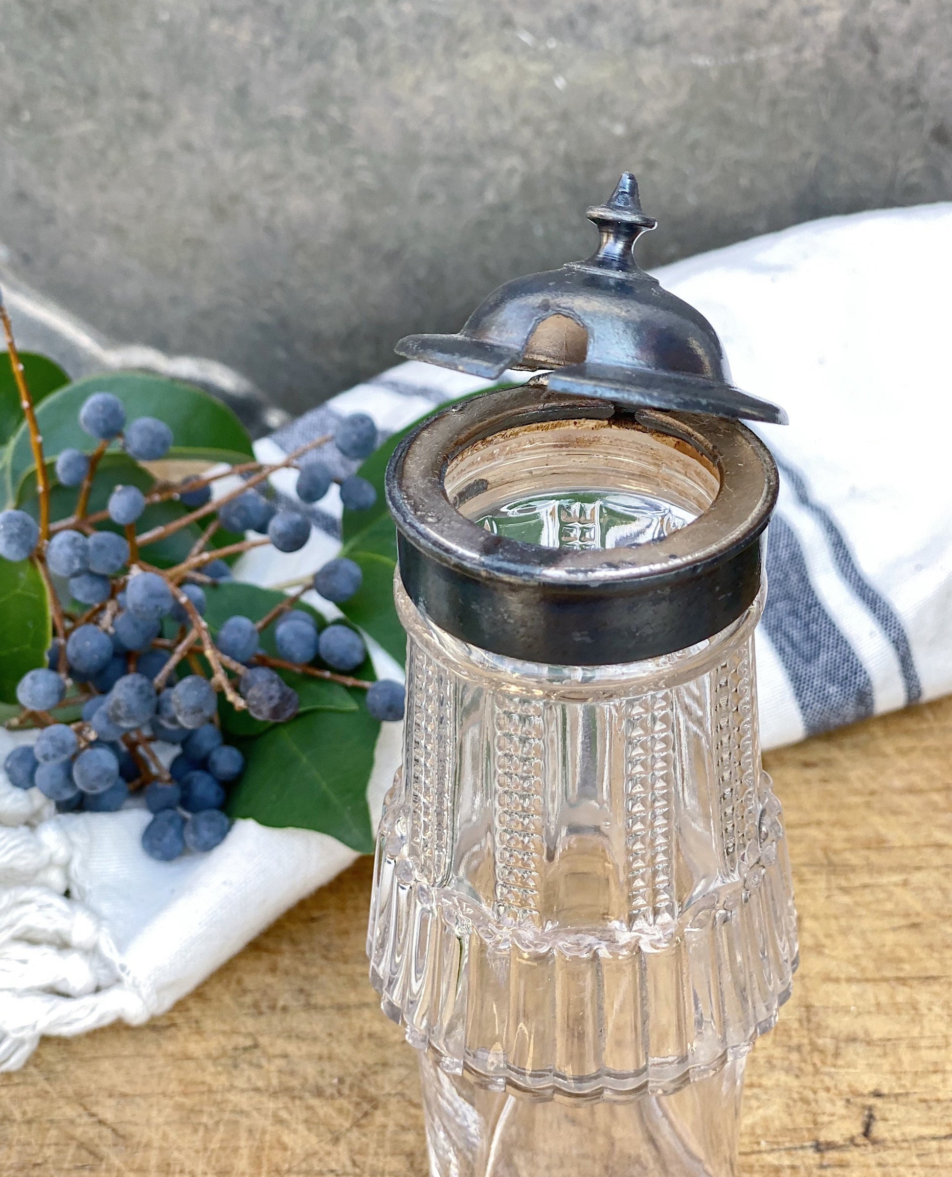 Antique Glass Cruet Bottle Etched Glass Silver Condiment Farmhouse Decor Primitive Cut Glass