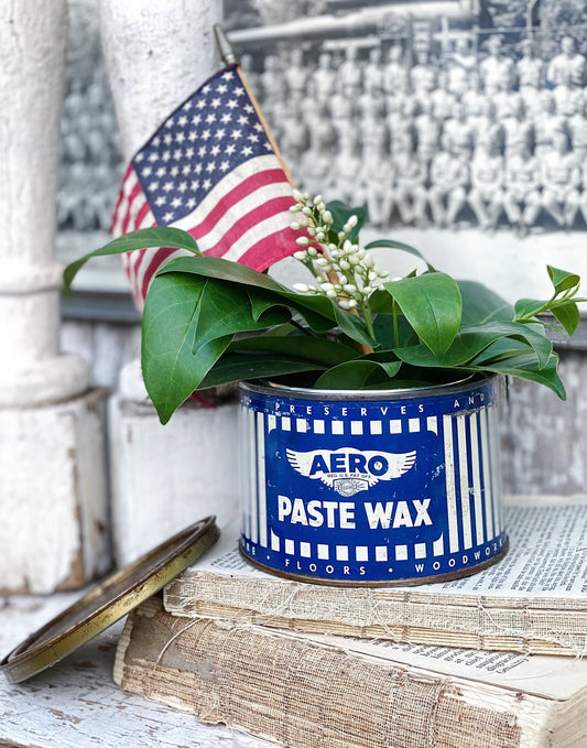 Antique AERO Paste Wax Tin Can, Blue Americana Farmhouse Decor