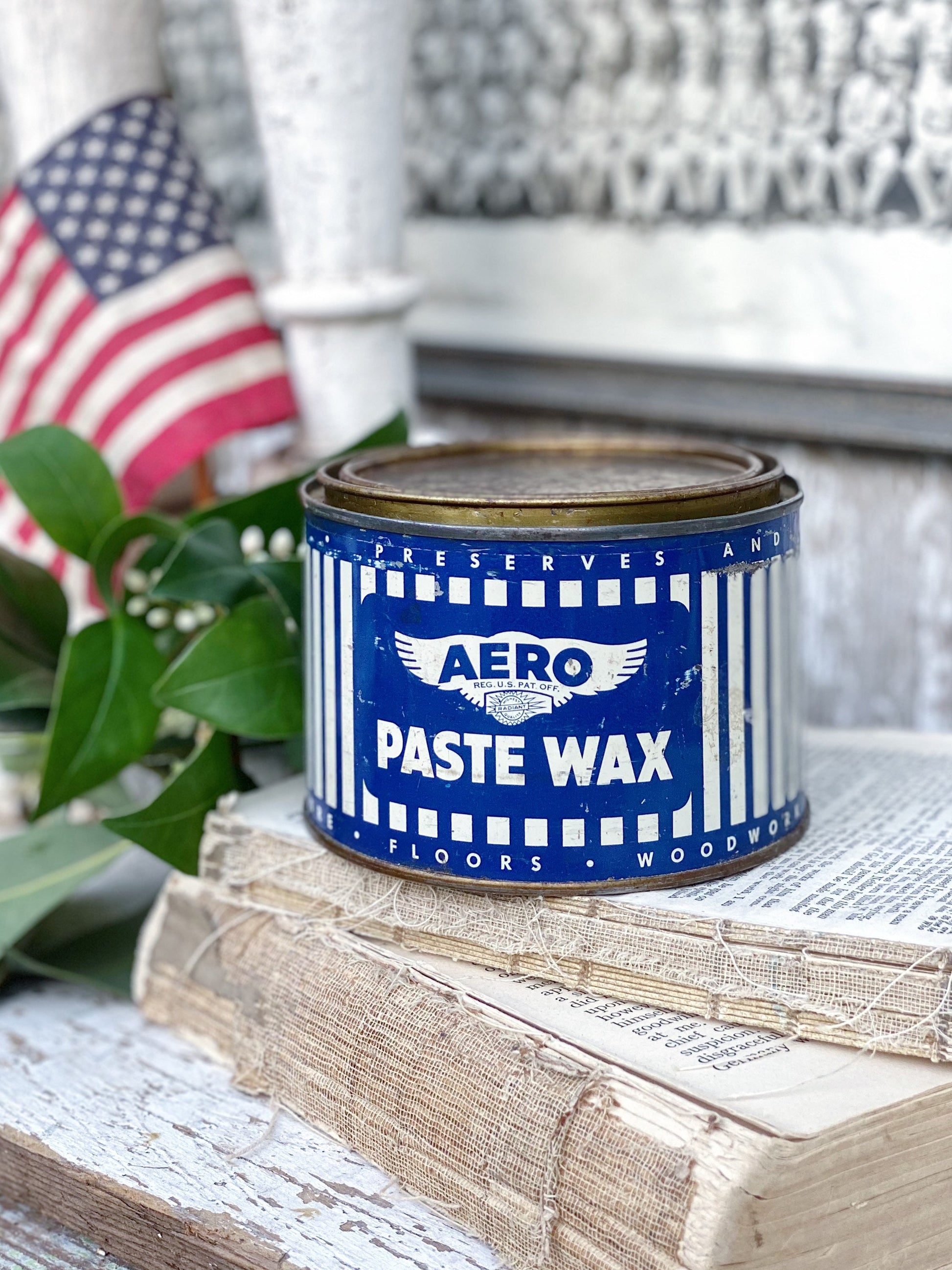 Antique AERO Paste Wax Tin Can, Blue Americana Farmhouse Decor
