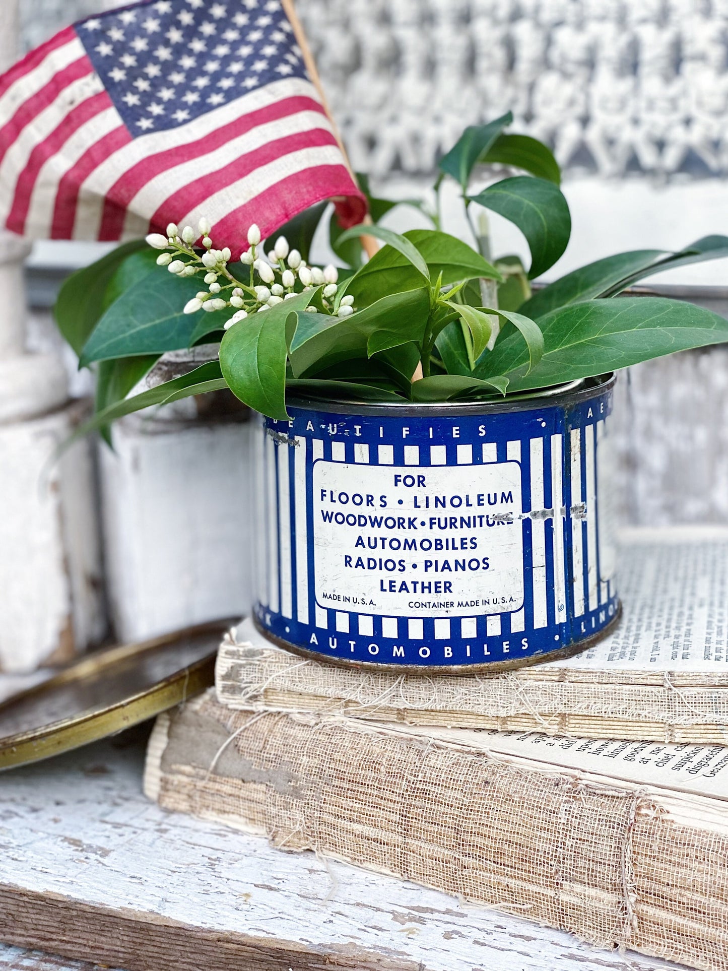 Antique AERO Paste Wax Tin Can, Blue Americana Farmhouse Decor